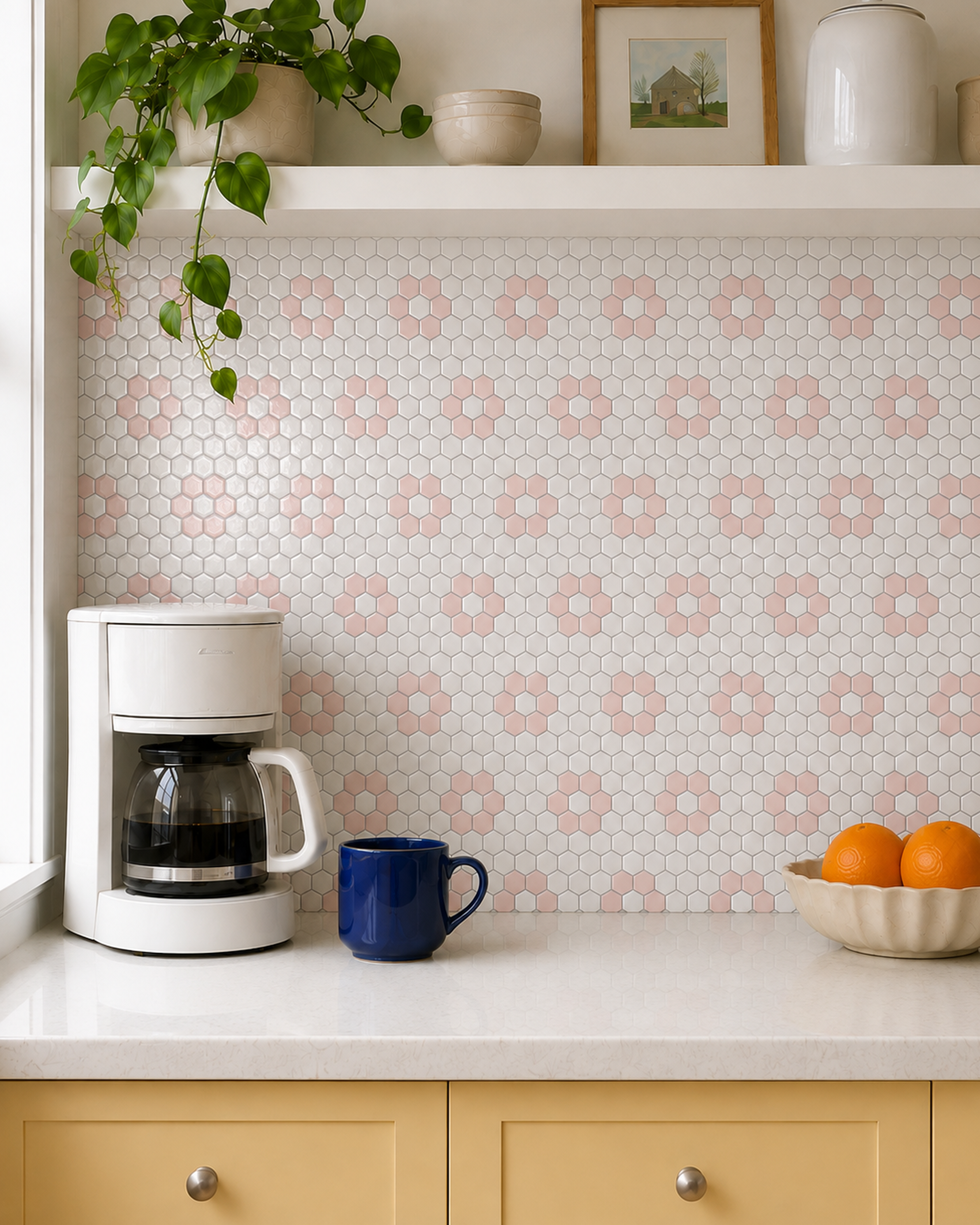 Blush Pink & White Hexagon (MT1495) - kitchen backsplash, front detail