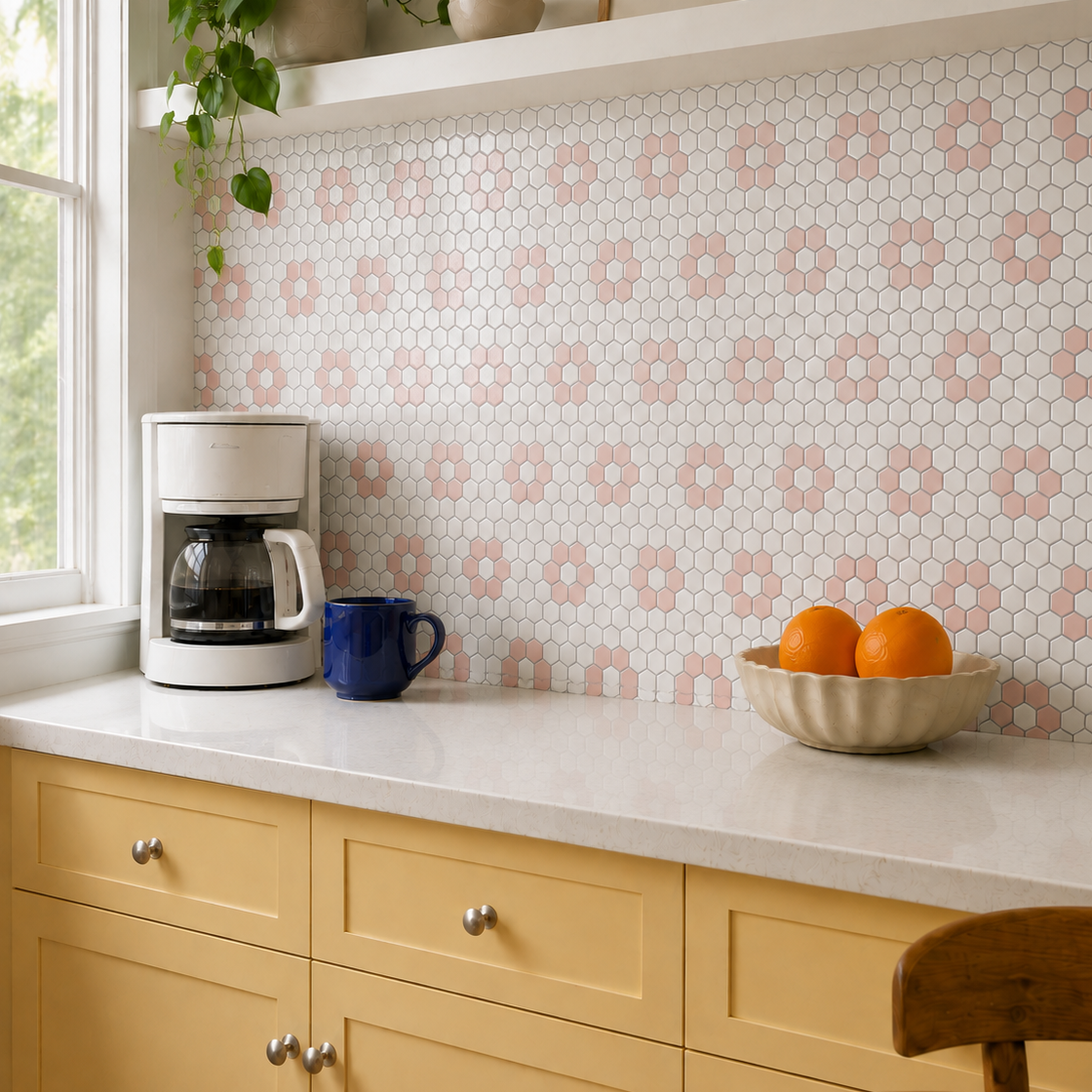 Blush Pink & White Hexagon (MT1495) - kitchen backsplash, oblique detail