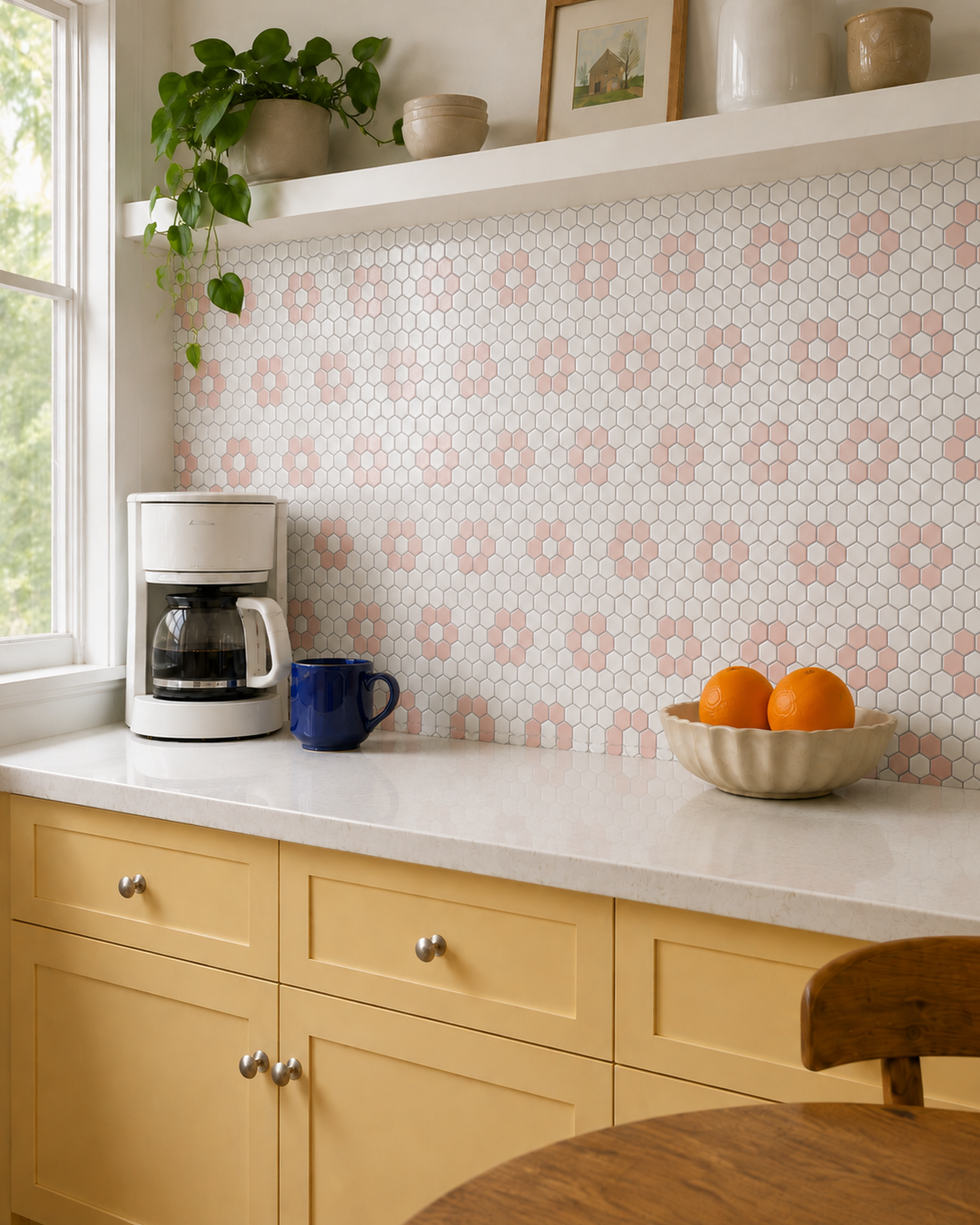 Blush Pink & White Hexagon (MT1495) - kitchen backsplash, oblique detail