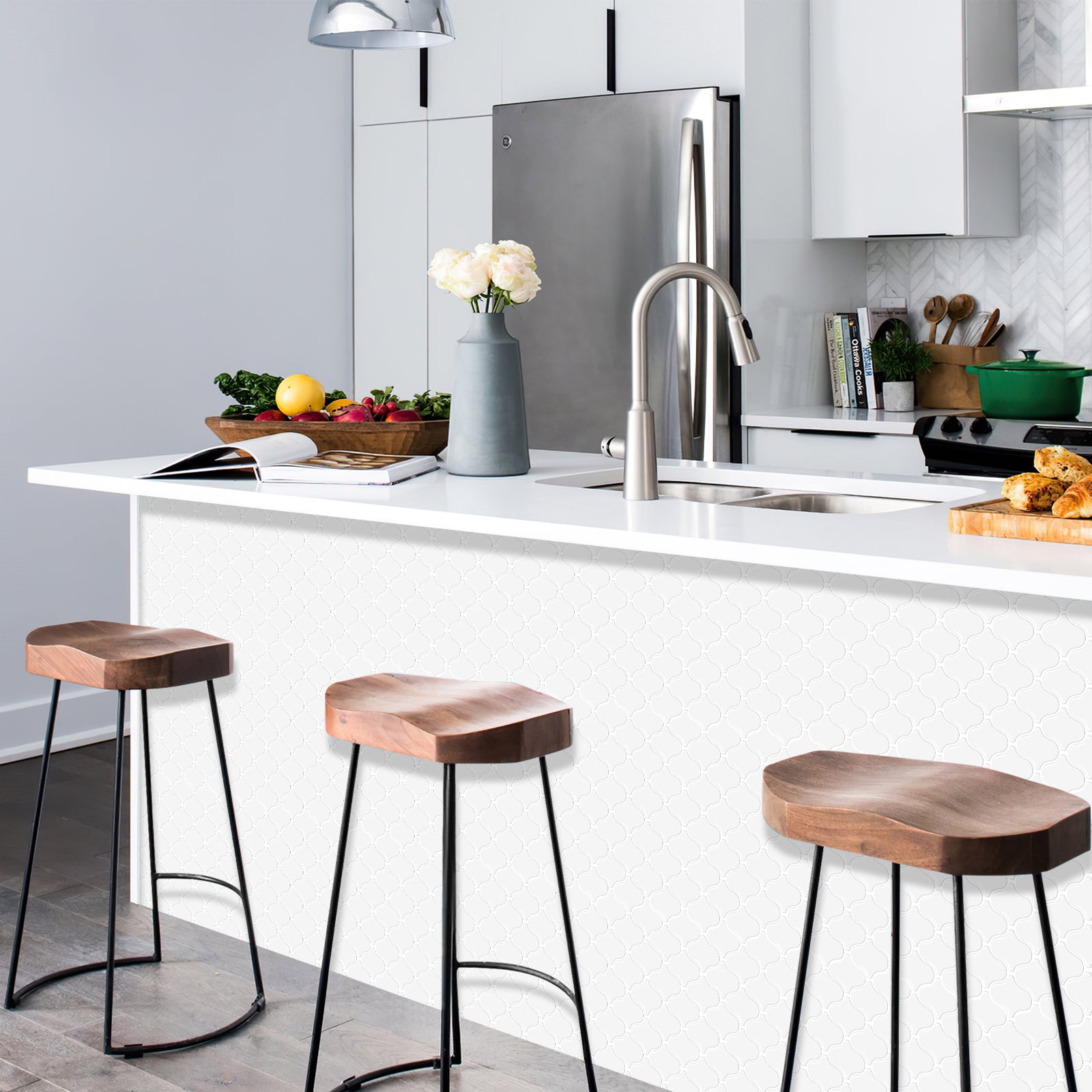 MORCART MT1600 Arabesque wall tiles, factory kitchen island reference