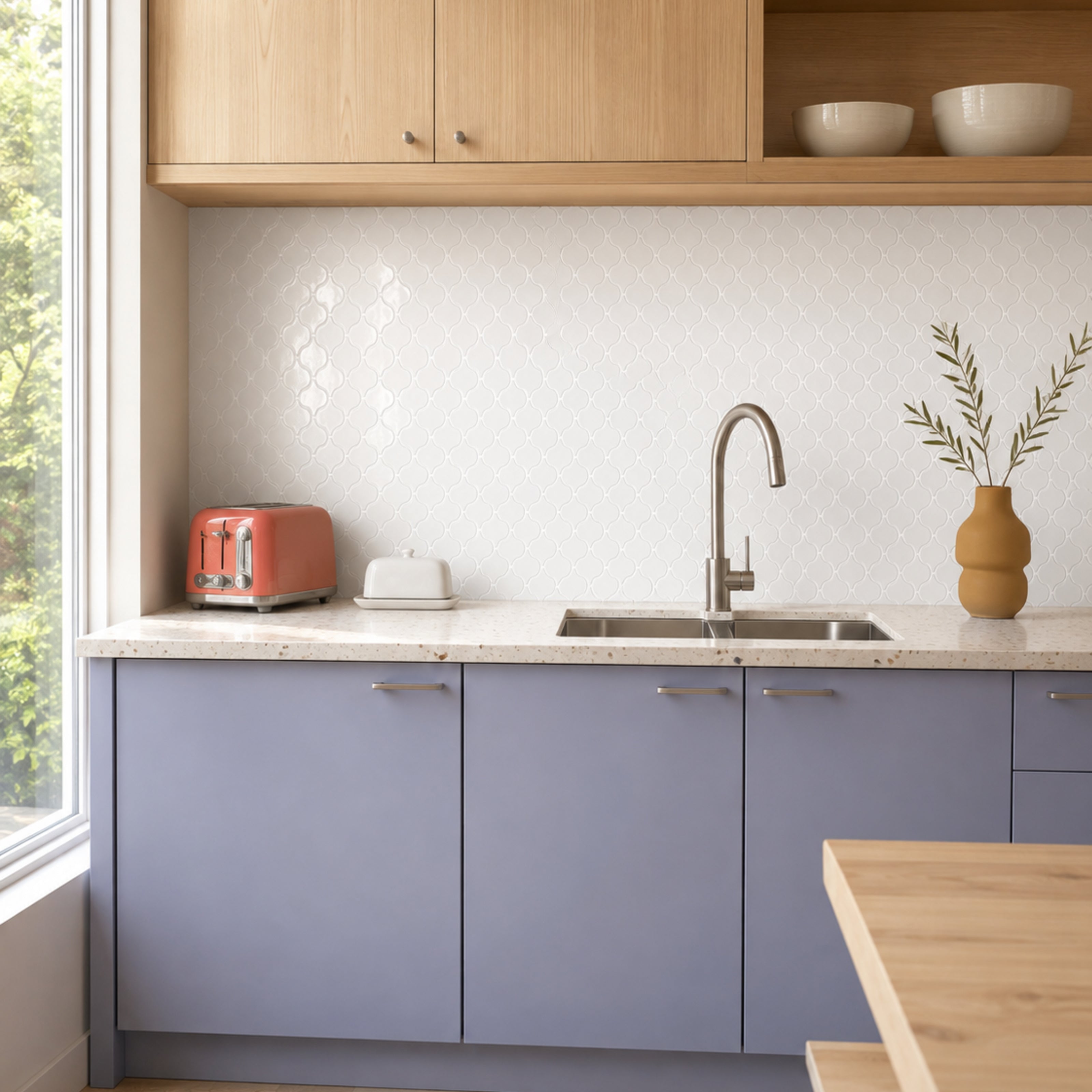 MORCART MT1600 Arabesque peel-and-stick wall tiles in a kitchen, front wide view