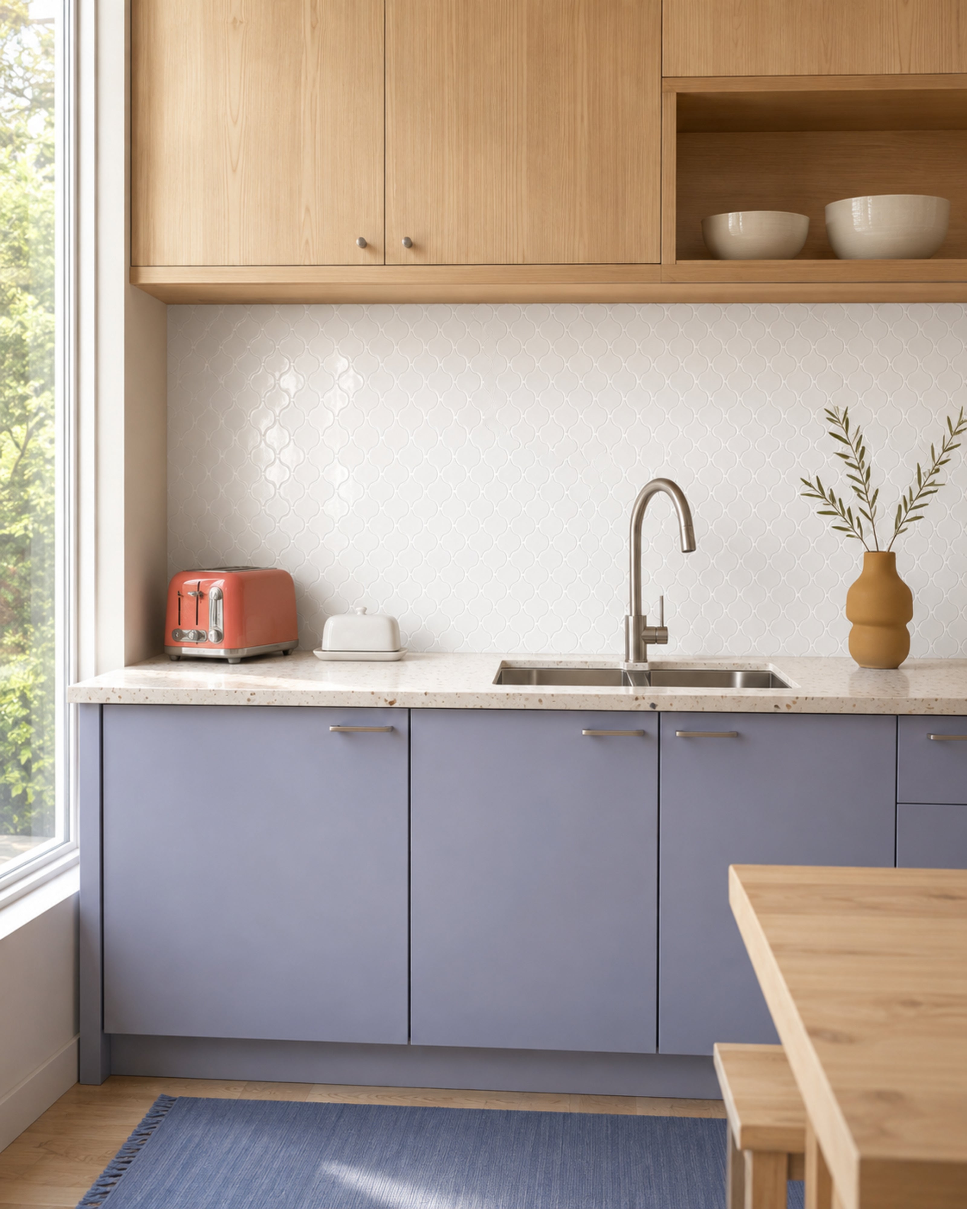 MORCART MT1600 Arabesque peel-and-stick wall tiles in a kitchen, front wide view