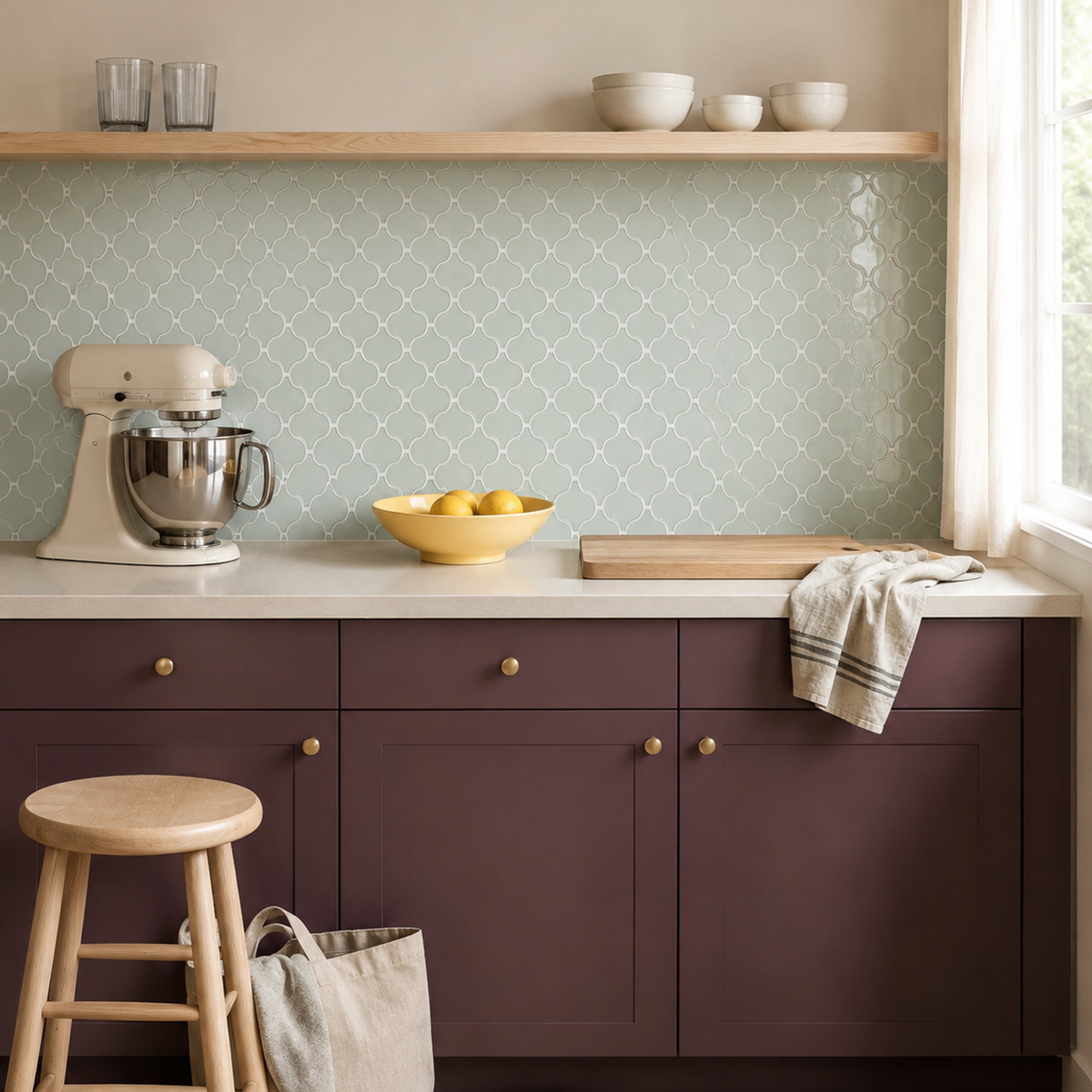 MORCART MT1602 Arabesque peel-and-stick wall tiles in a kitchen, front wide view