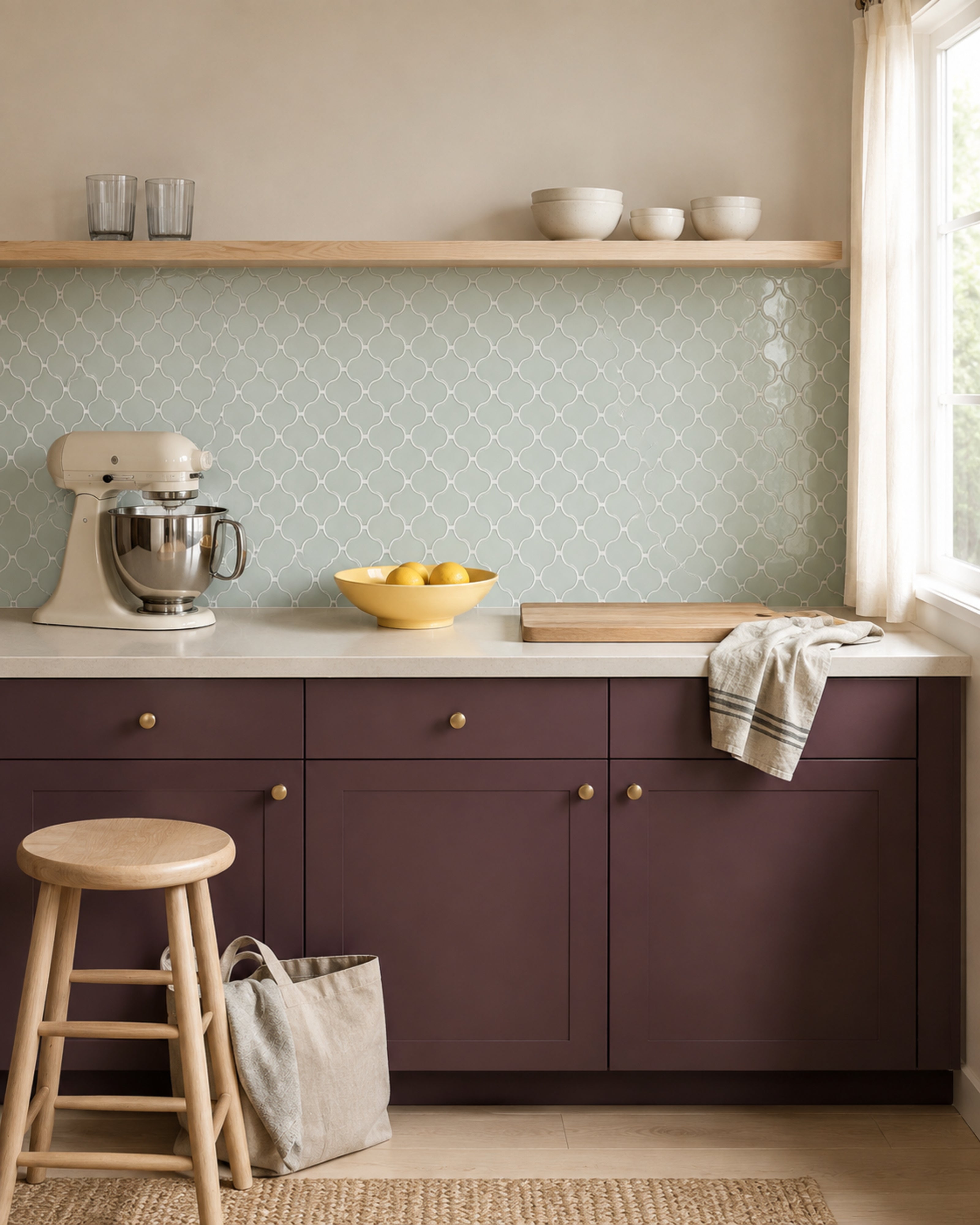 MORCART MT1602 Arabesque peel-and-stick wall tiles in a kitchen, front wide view