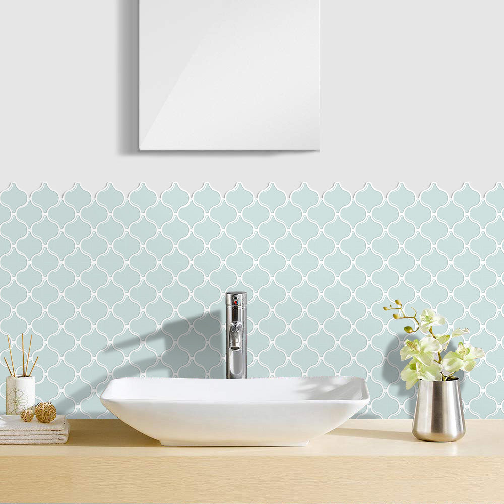 MORCART MT1603 Arabesque wall tiles, factory white vessel sink reference