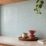 MORCART MT1603 Arabesque peel-and-stick wall tiles in a kitchen, oblique detail view