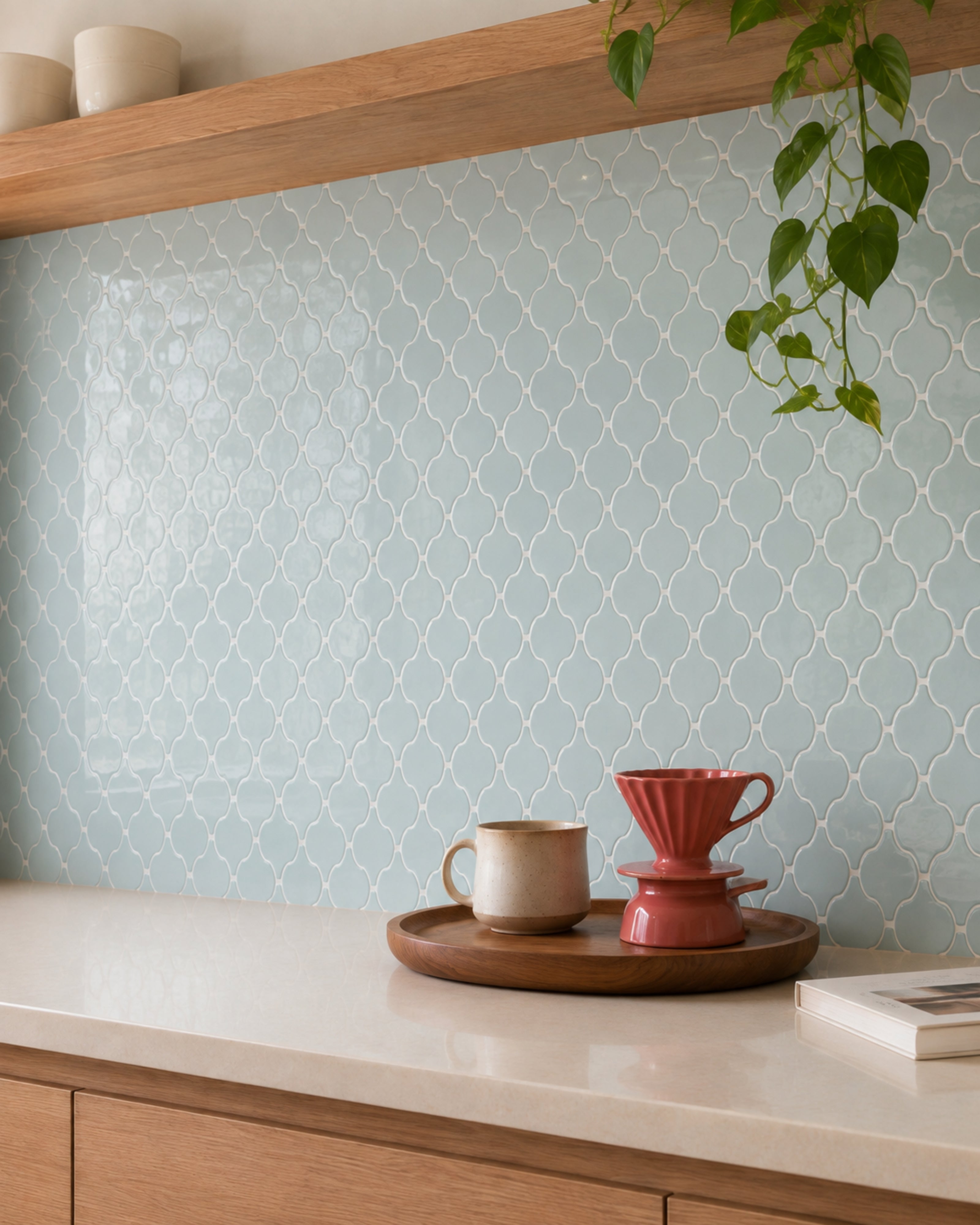 MORCART MT1603 Arabesque peel-and-stick wall tiles in a kitchen, oblique detail view