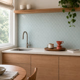 MORCART MT1603 Arabesque peel-and-stick wall tiles in a kitchen, oblique wide view