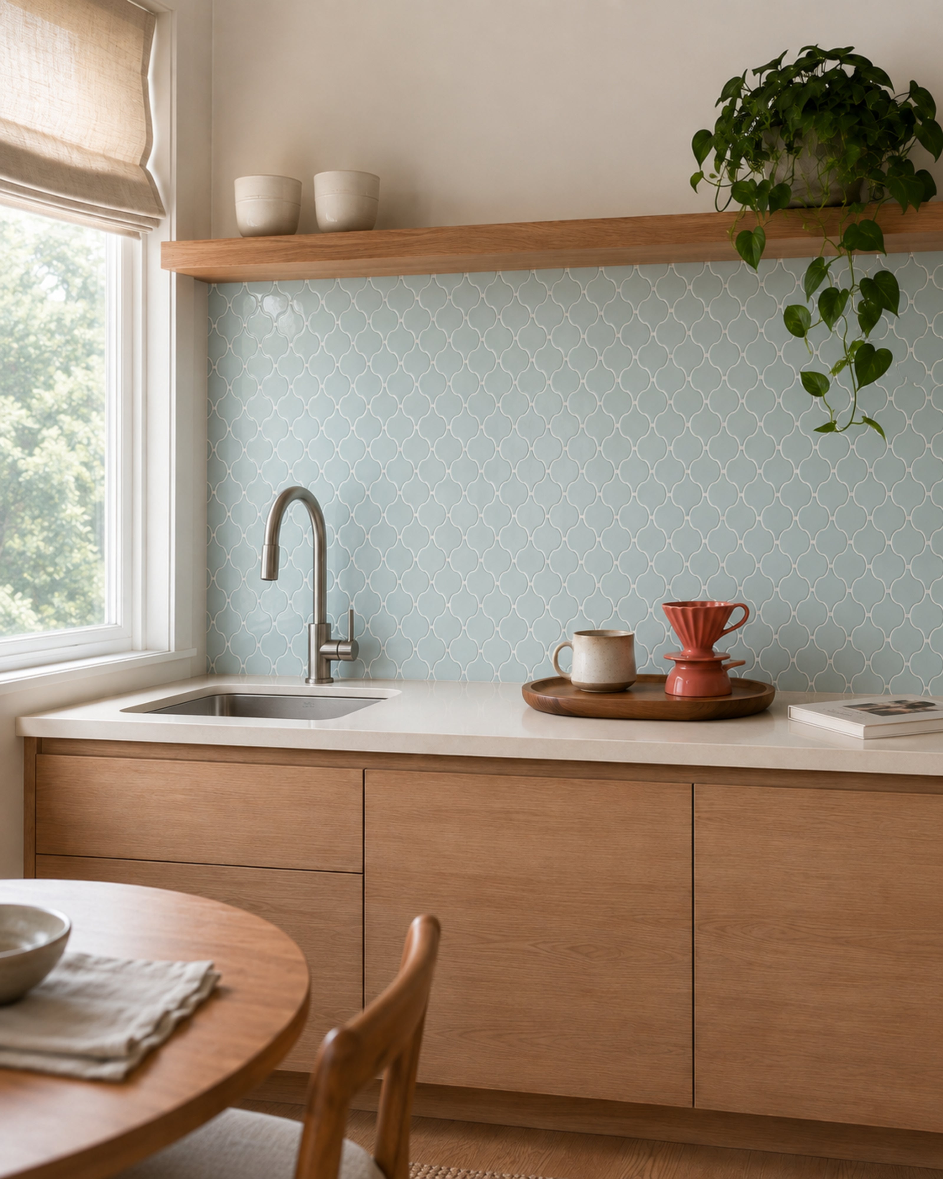 MORCART MT1603 Arabesque peel-and-stick wall tiles in a kitchen, oblique wide view