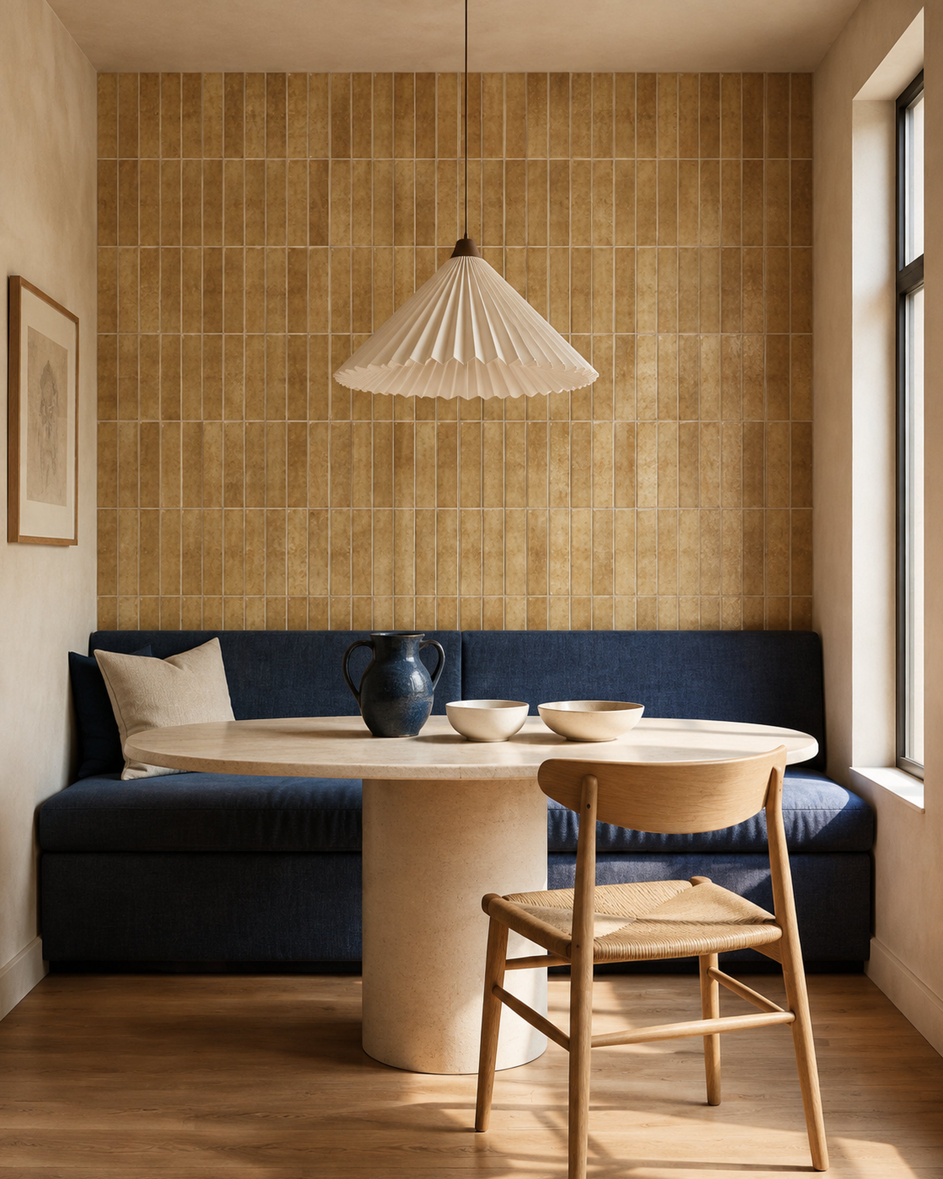 Terracotta Linear Mosaic (MT2208-XPE) — dining room, front wide, vertical linear peel-and-stick wall tiles