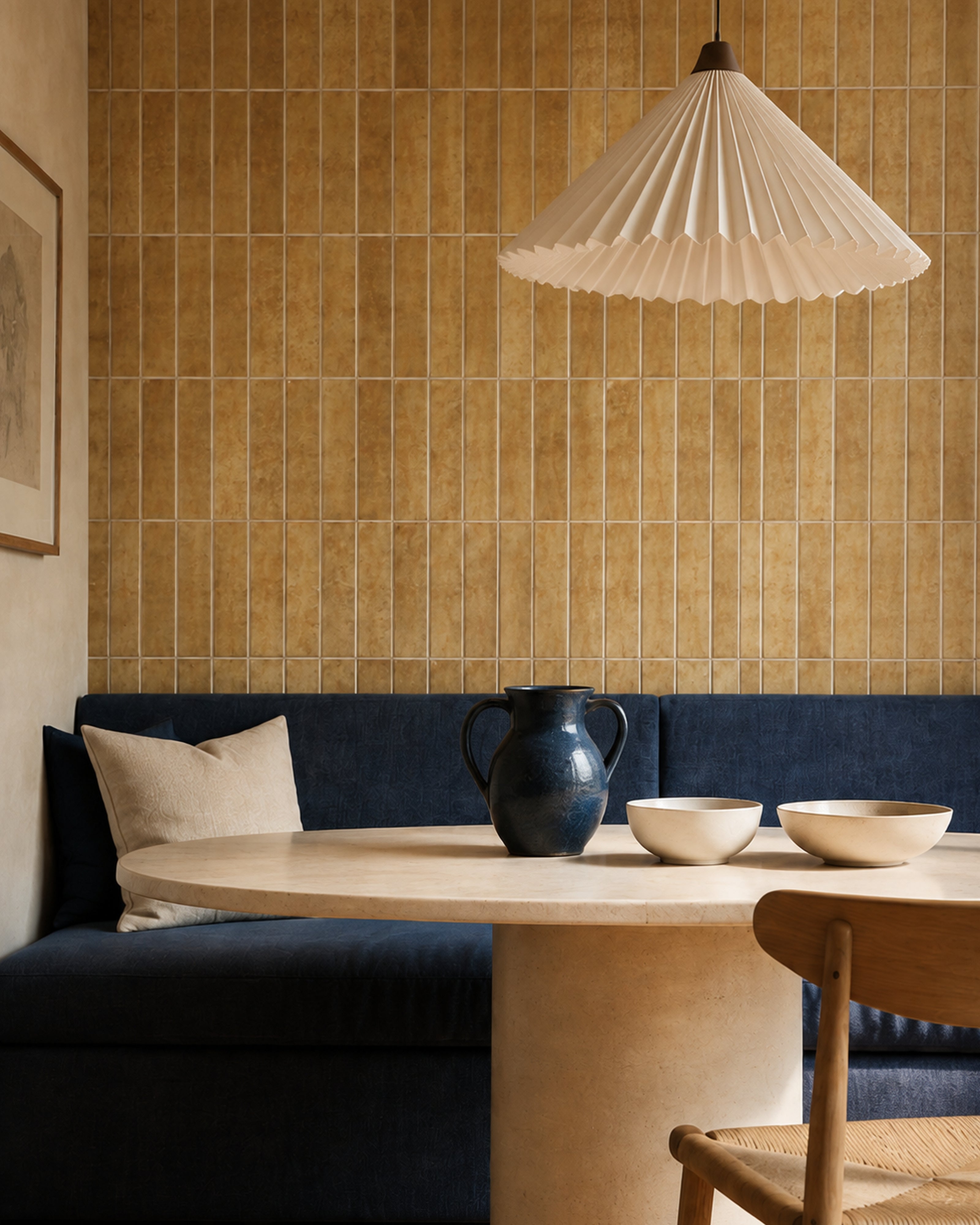 Terracotta Linear Mosaic (MT2208-XPE) — dining room, oblique detail, vertical linear peel-and-stick wall tiles