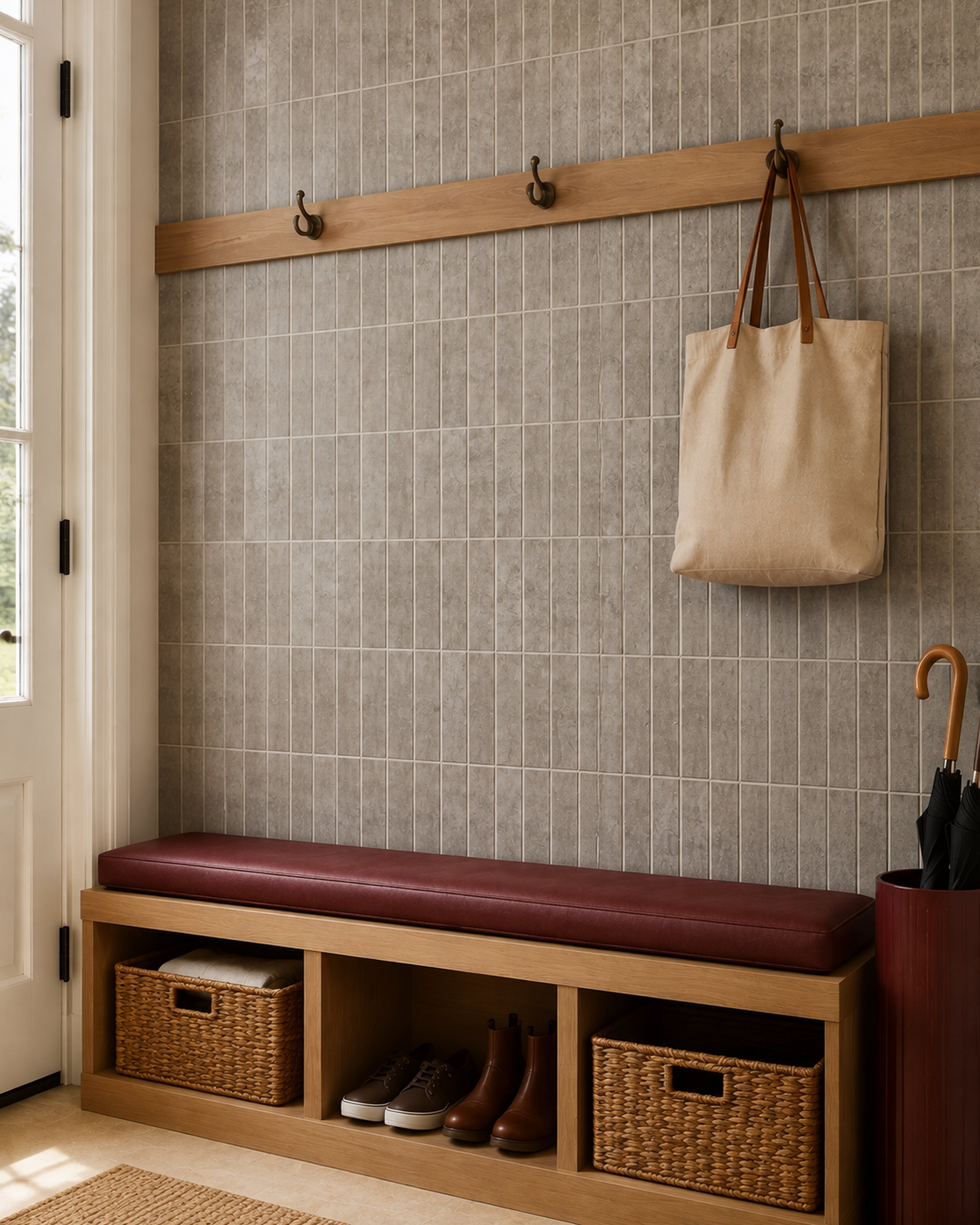 Warm Taupe Linear Mosaic (MT2209-XPE) — entryway, oblique detail, vertical linear peel-and-stick wall tiles