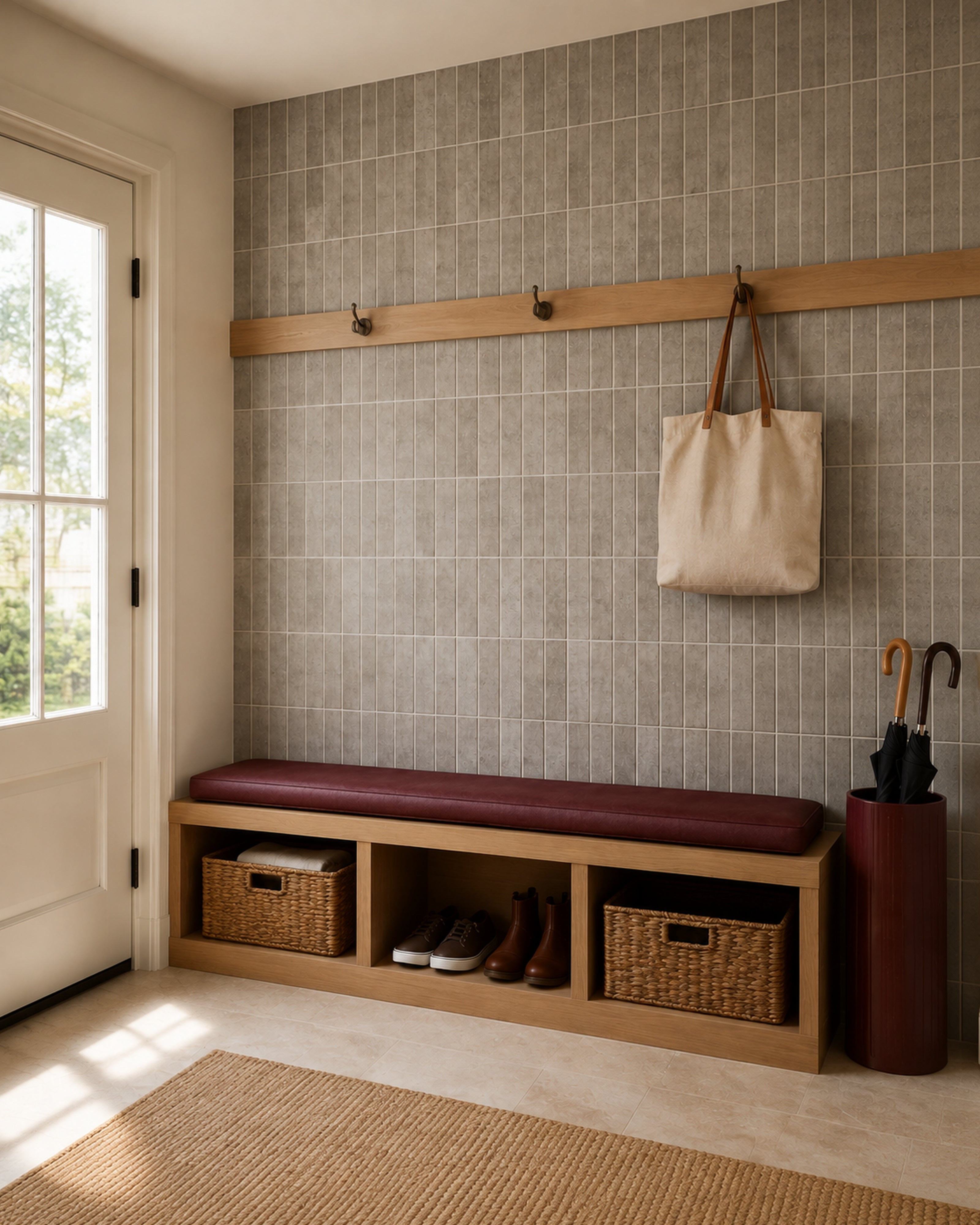 Warm Taupe Linear Mosaic (MT2209-XPE) — entryway, oblique wide, vertical linear peel-and-stick wall tiles