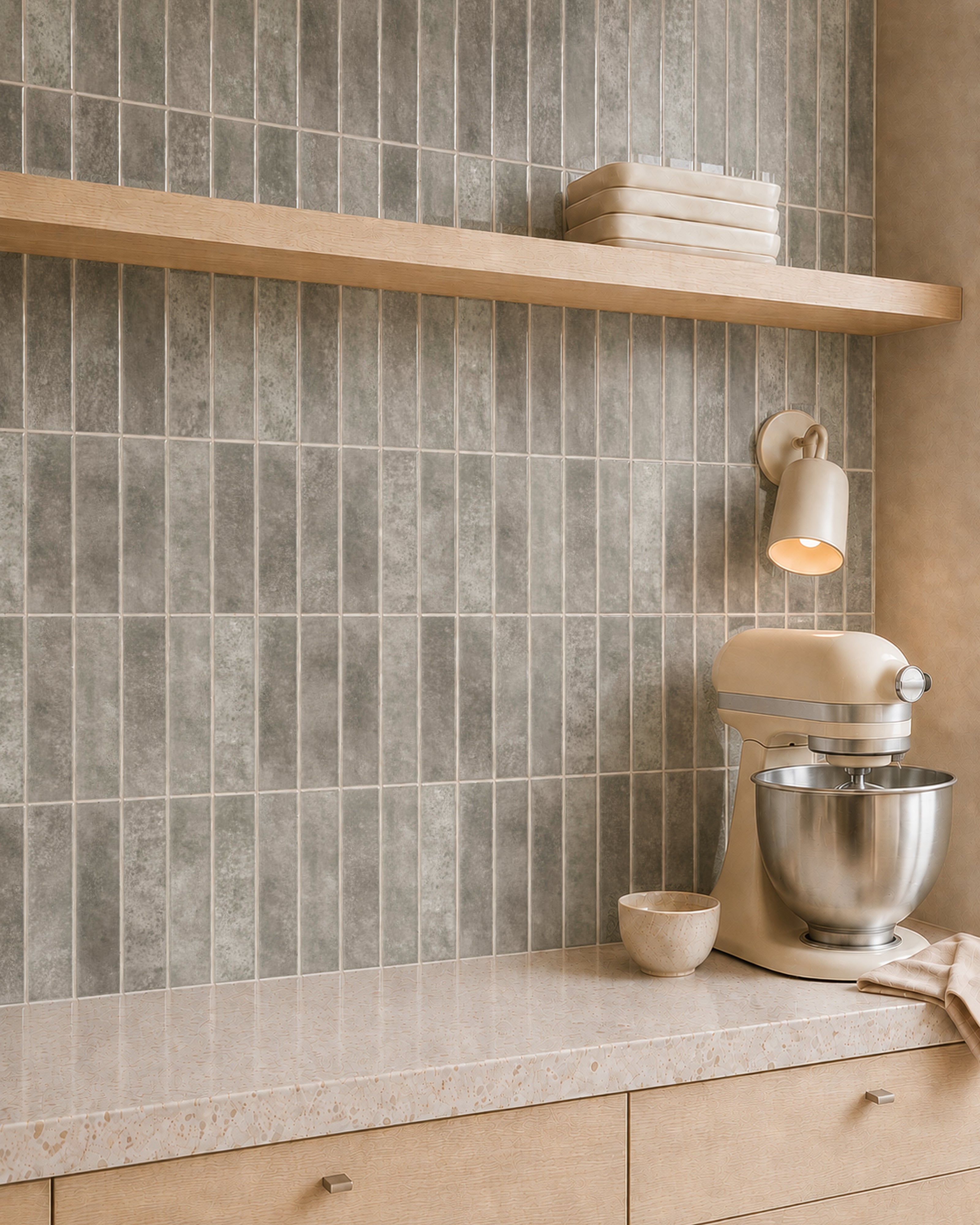 MORCART MT2209-XPE warm taupe grey vertical linear wall tiles, oblique kitchen detail with an oak shelf and cream mixer, fine mottled print and a shallow glossy finish.