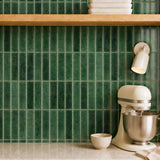 MORCART MT2210-XPE moss green vertical linear wall tiles, front detail of fine mottling and a shallow glossy finish.