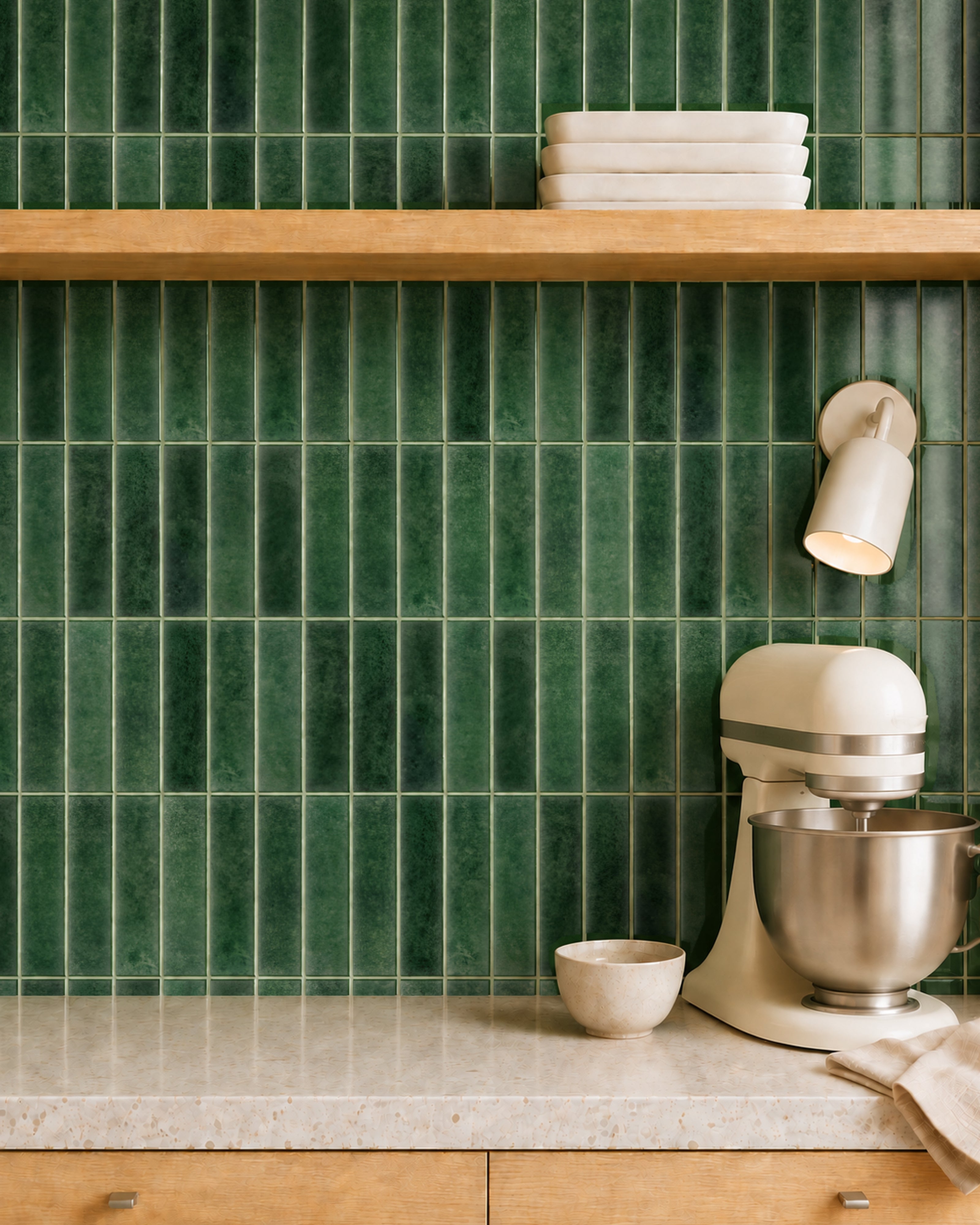 MORCART MT2210-XPE moss green vertical linear wall tiles, front detail of fine mottling and a shallow glossy finish.