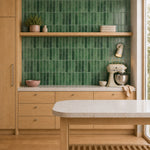 MORCART MT2210-XPE moss green vertical linear wall tiles in a kitchen, front wide view.