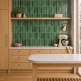MORCART MT2210-XPE moss green vertical linear wall tiles in a kitchen, front wide view.