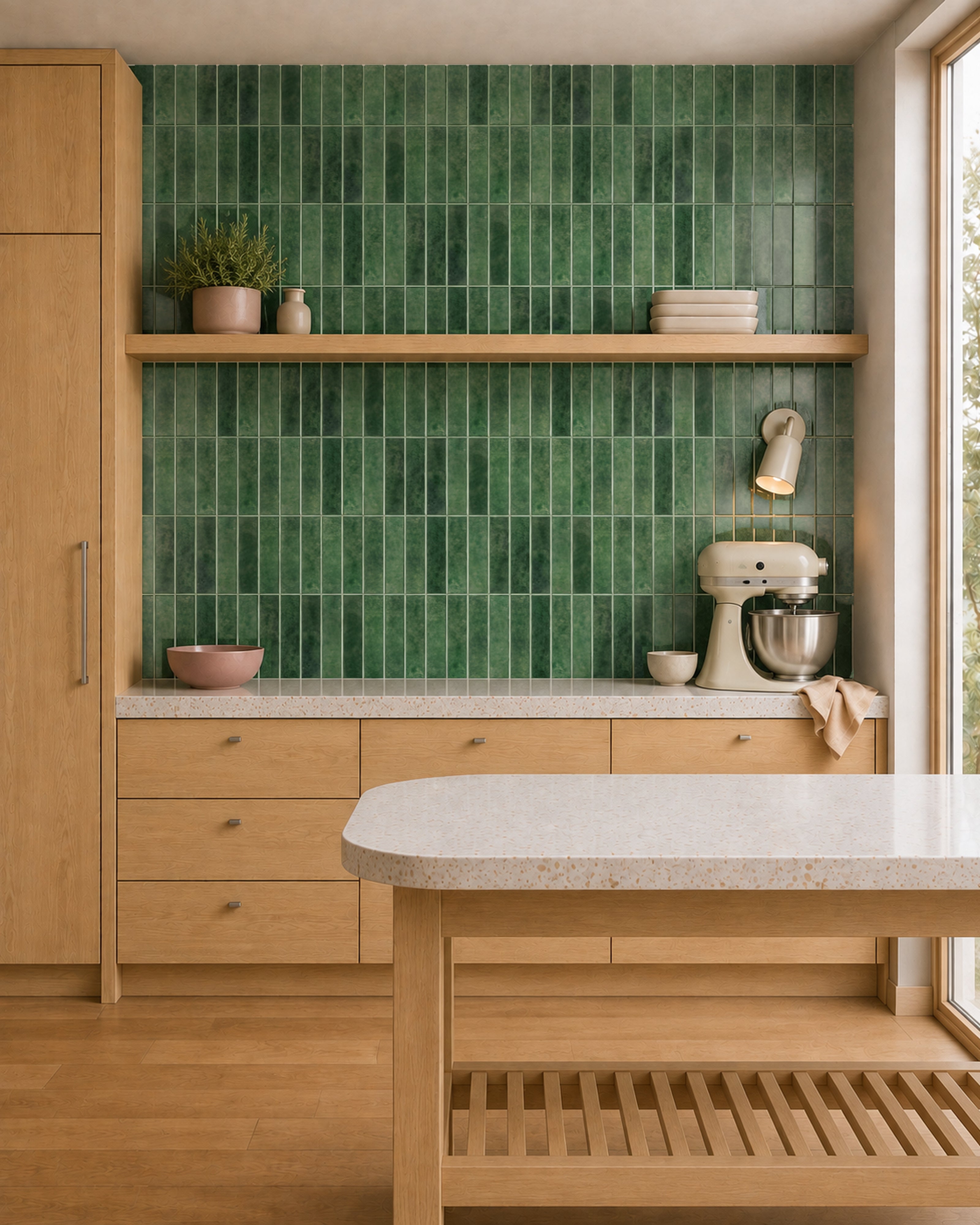 MORCART MT2210-XPE moss green vertical linear wall tiles in a kitchen, front wide view.