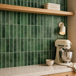MORCART MT2210-XPE moss green vertical linear wall tiles, oblique detail of fine mottling and a shallow glossy finish.