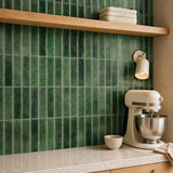 MORCART MT2210-XPE moss green vertical linear wall tiles, oblique detail of fine mottling and a shallow glossy finish.