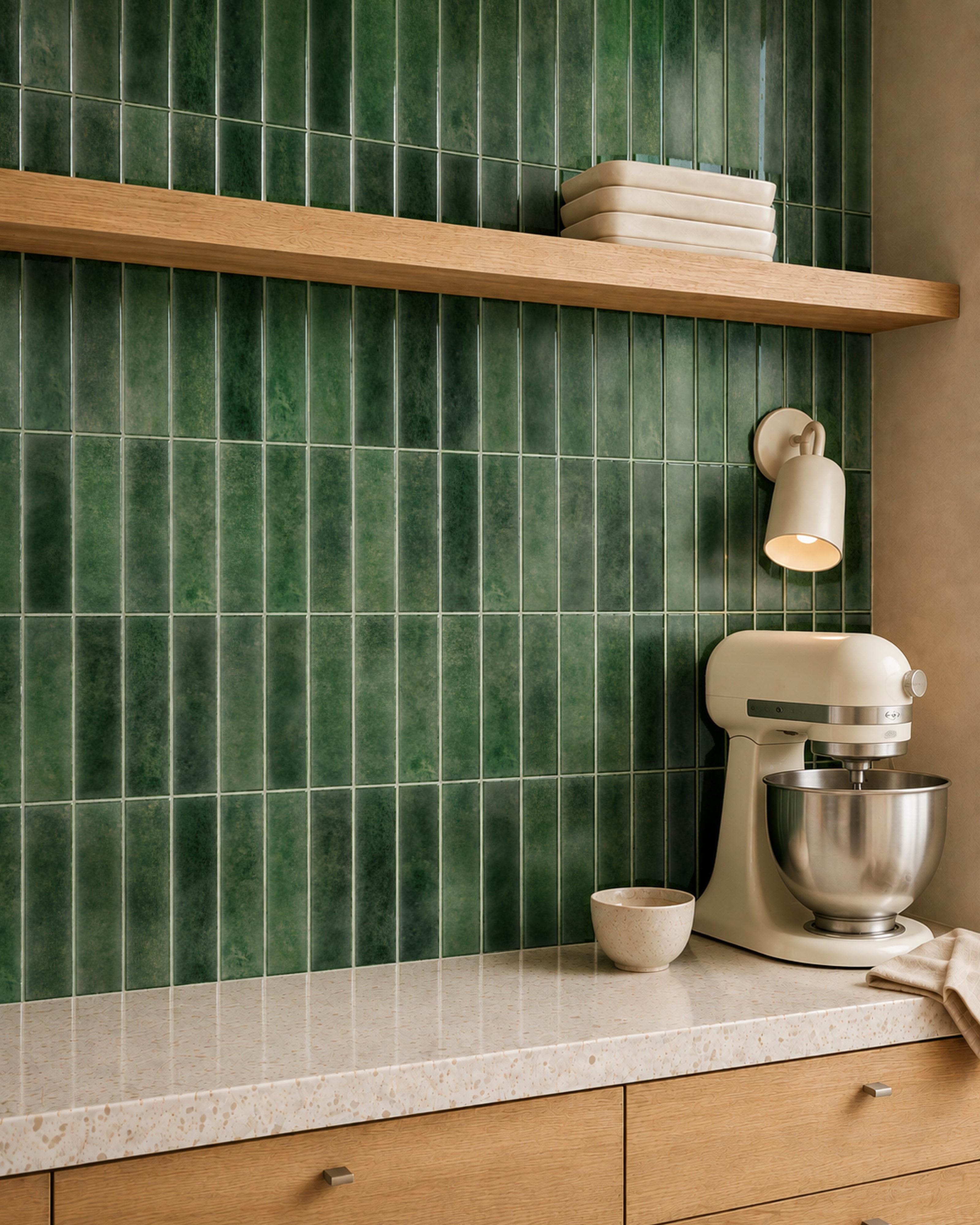 MORCART MT2210-XPE moss green vertical linear wall tiles, oblique detail of fine mottling and a shallow glossy finish.