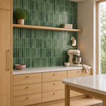MORCART MT2210-XPE moss green vertical linear wall tiles in a kitchen, oblique wide view.