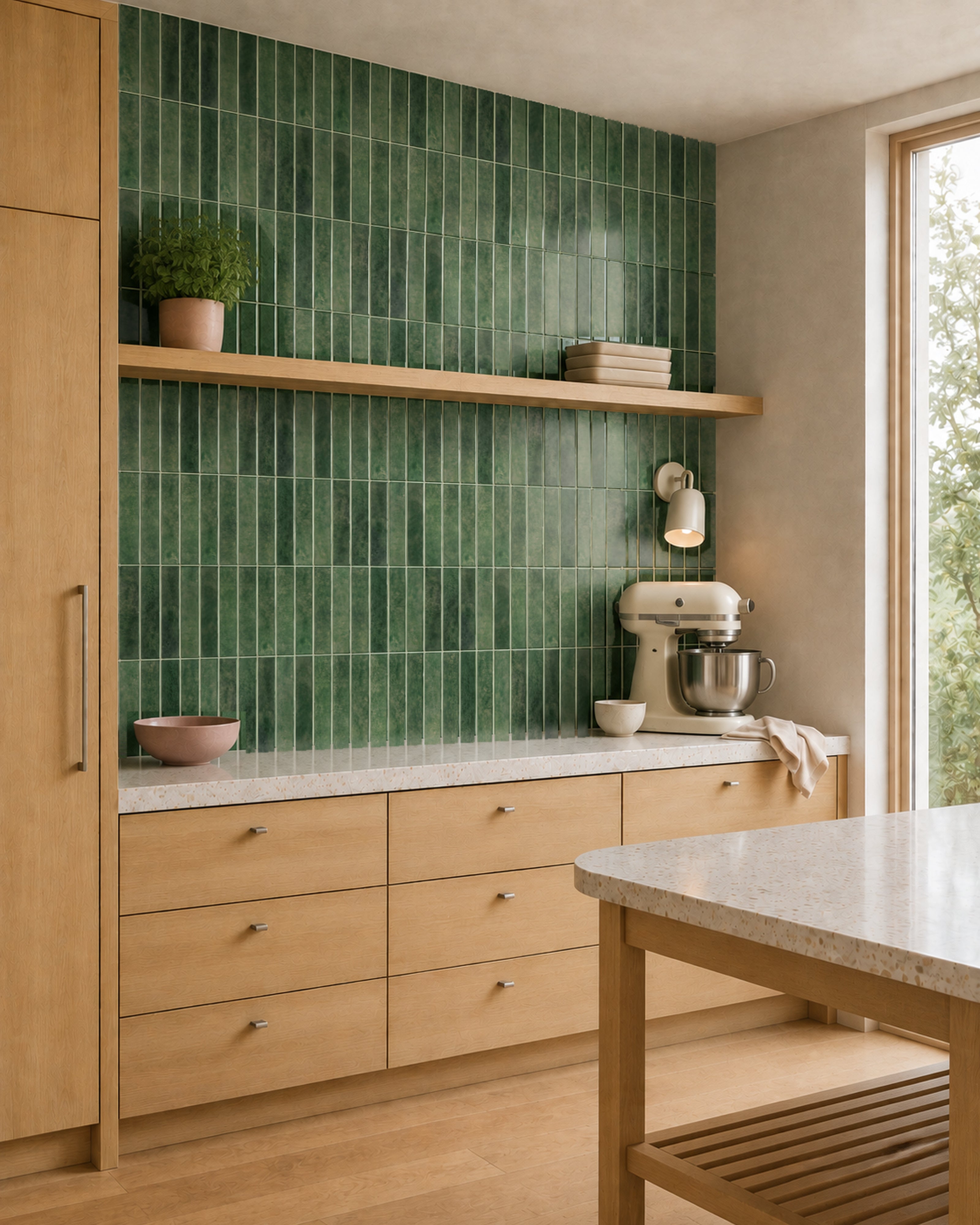 MORCART MT2210-XPE moss green vertical linear wall tiles in a kitchen, oblique wide view.