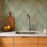 MORCART MT2217-XPE sage green herringbone backsplash, front detail showing original printed texture, glossy finish and sheet joints.