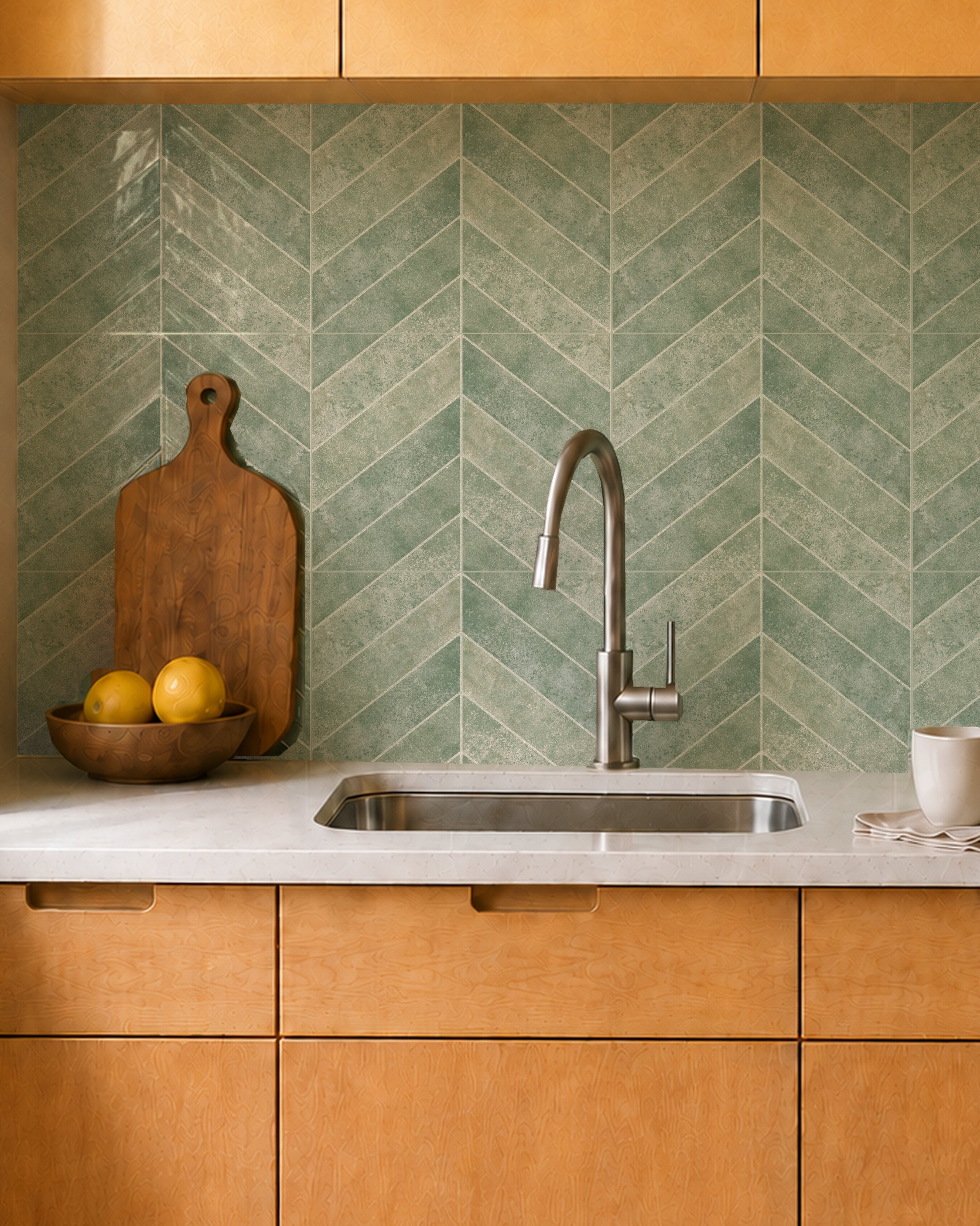 MORCART MT2217-XPE sage green herringbone backsplash, front detail showing original printed texture, glossy finish and sheet joints.