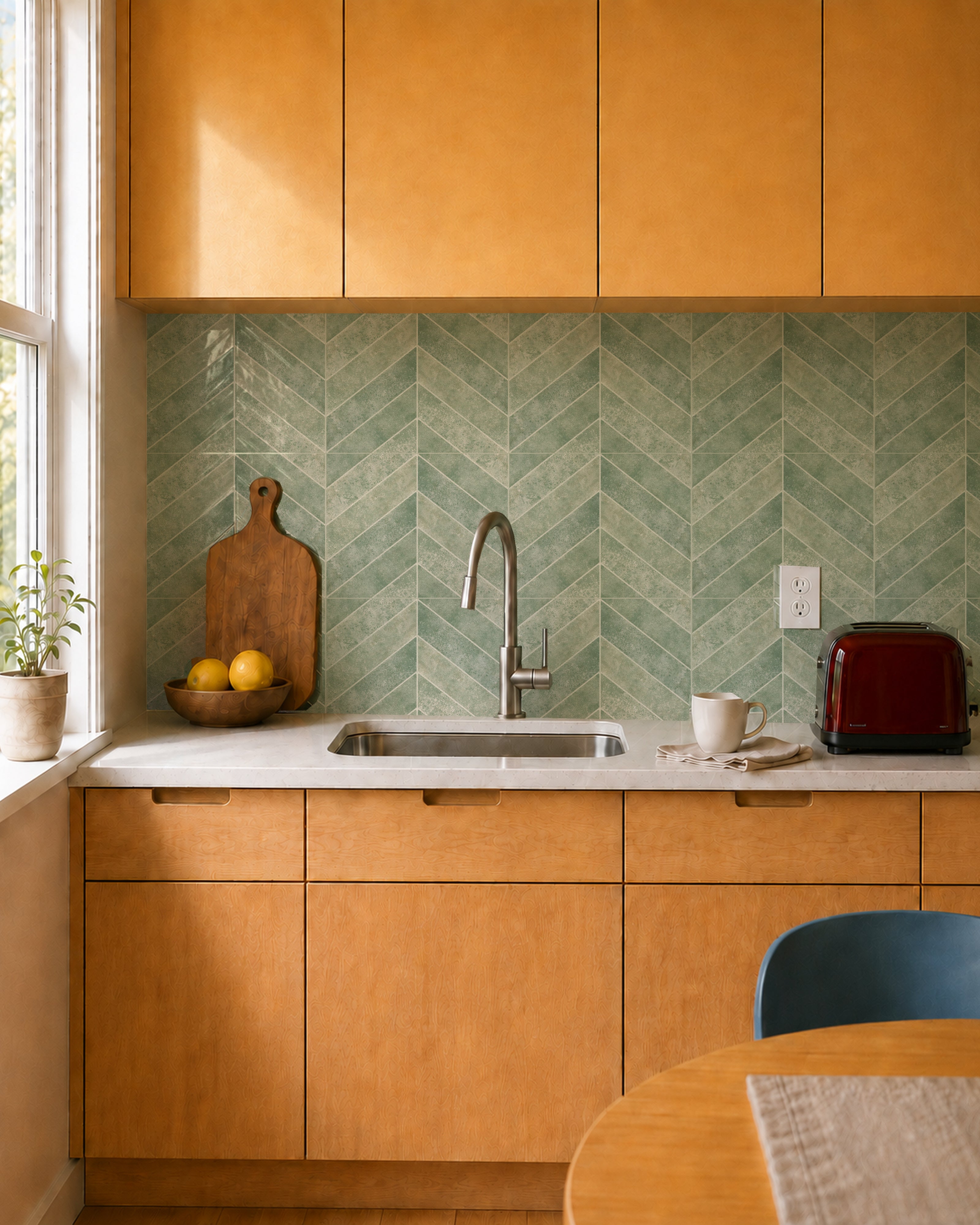 MORCART MT2217-XPE sage green herringbone peel-and-stick backsplash in a butter-yellow and maple kitchen, front wide view.