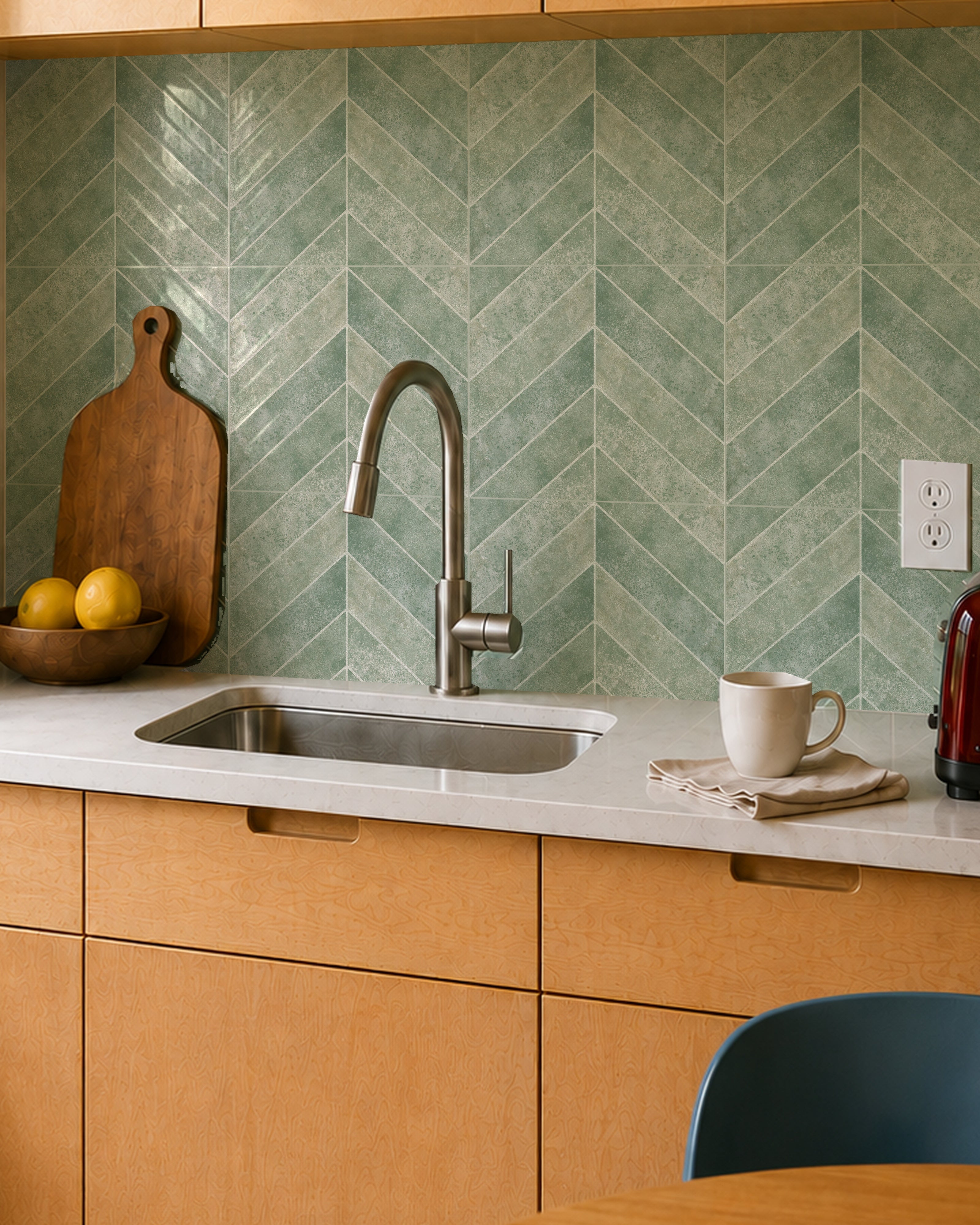 MORCART MT2217-XPE sage green herringbone backsplash, oblique detail showing original printed texture, glossy finish and sheet joints.