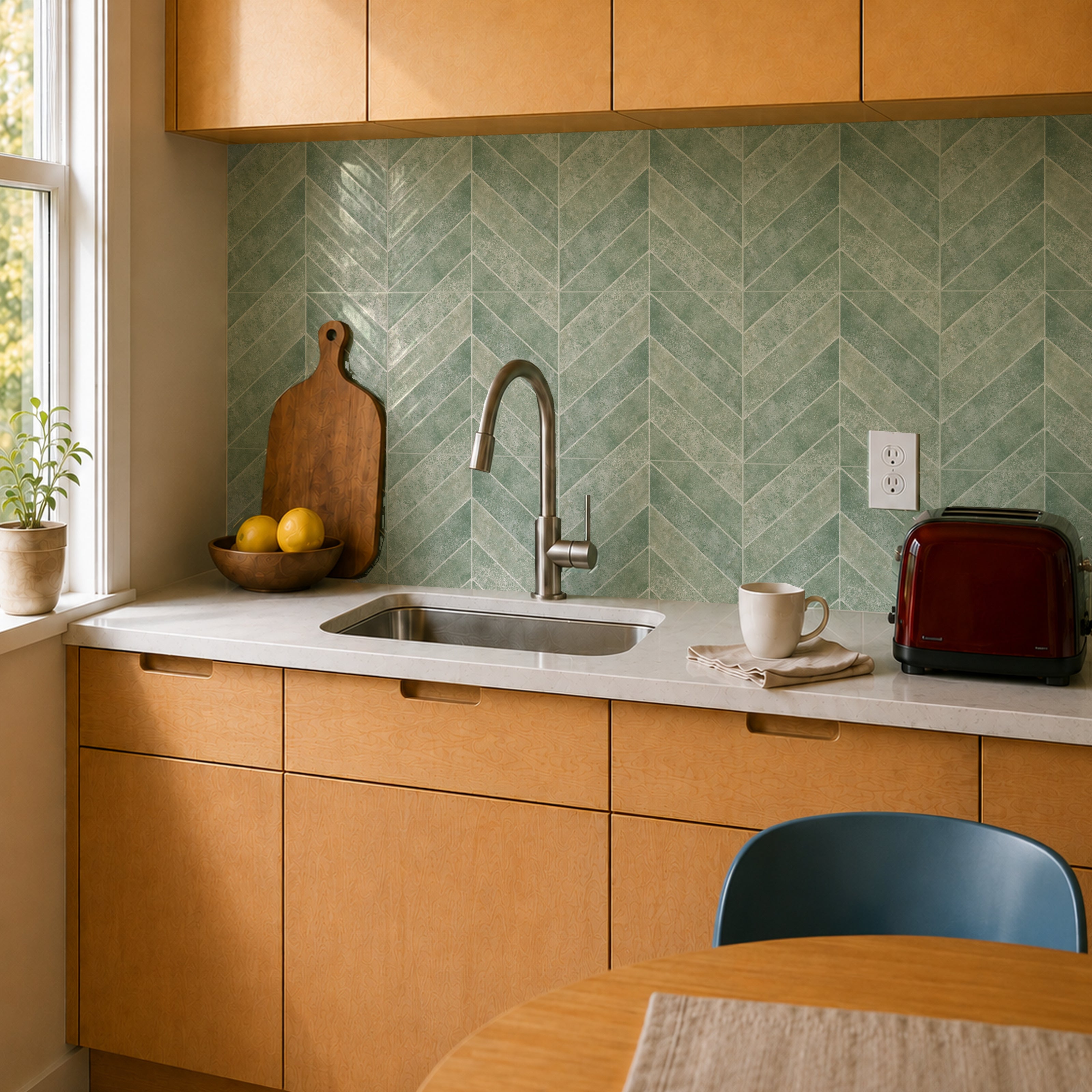 MORCART MT2217-XPE sage green herringbone peel-and-stick backsplash in a butter-yellow and maple kitchen, oblique wide view.