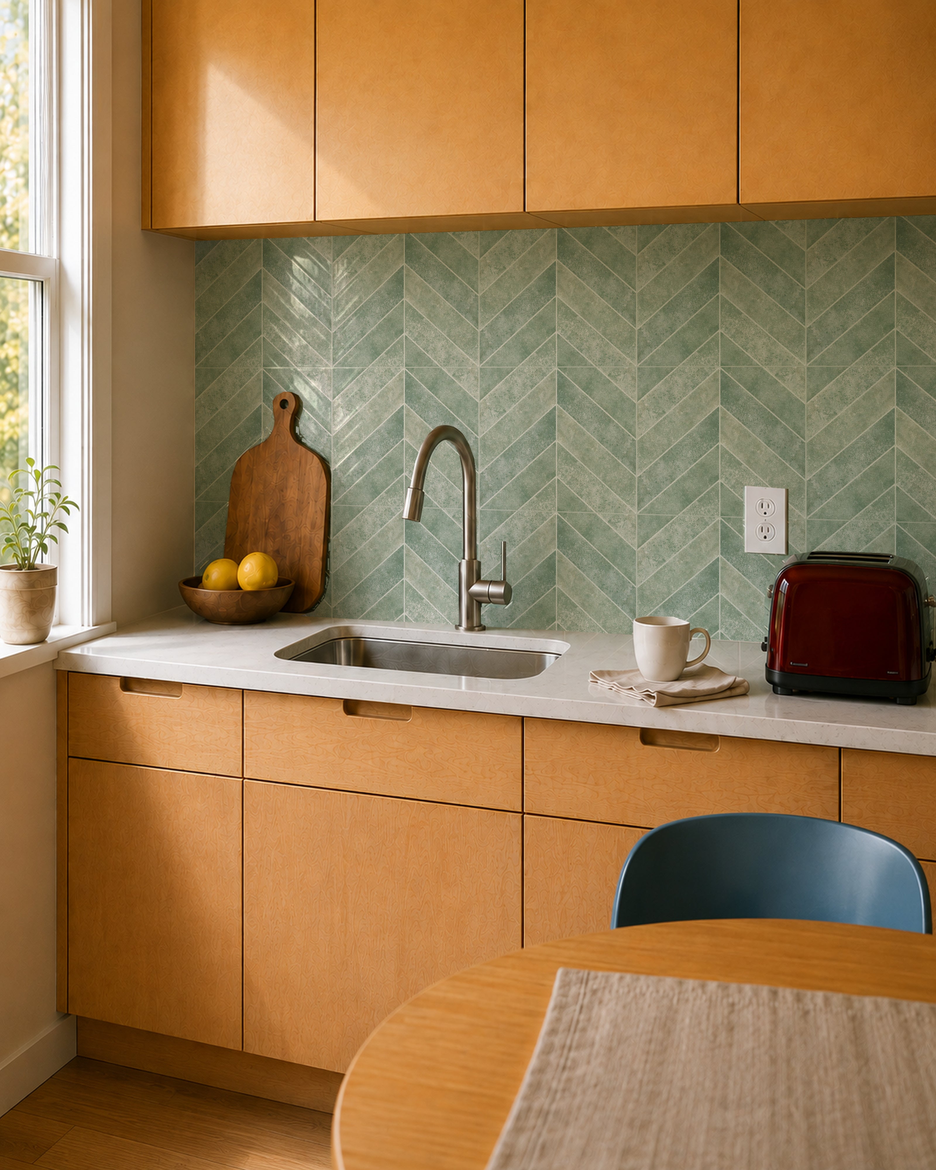 MORCART MT2217-XPE sage green herringbone peel-and-stick backsplash in a butter-yellow and maple kitchen, oblique wide view.