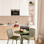 Apricot hexagon wall tiles in a light wood kitchen with a green dining table - MT2238