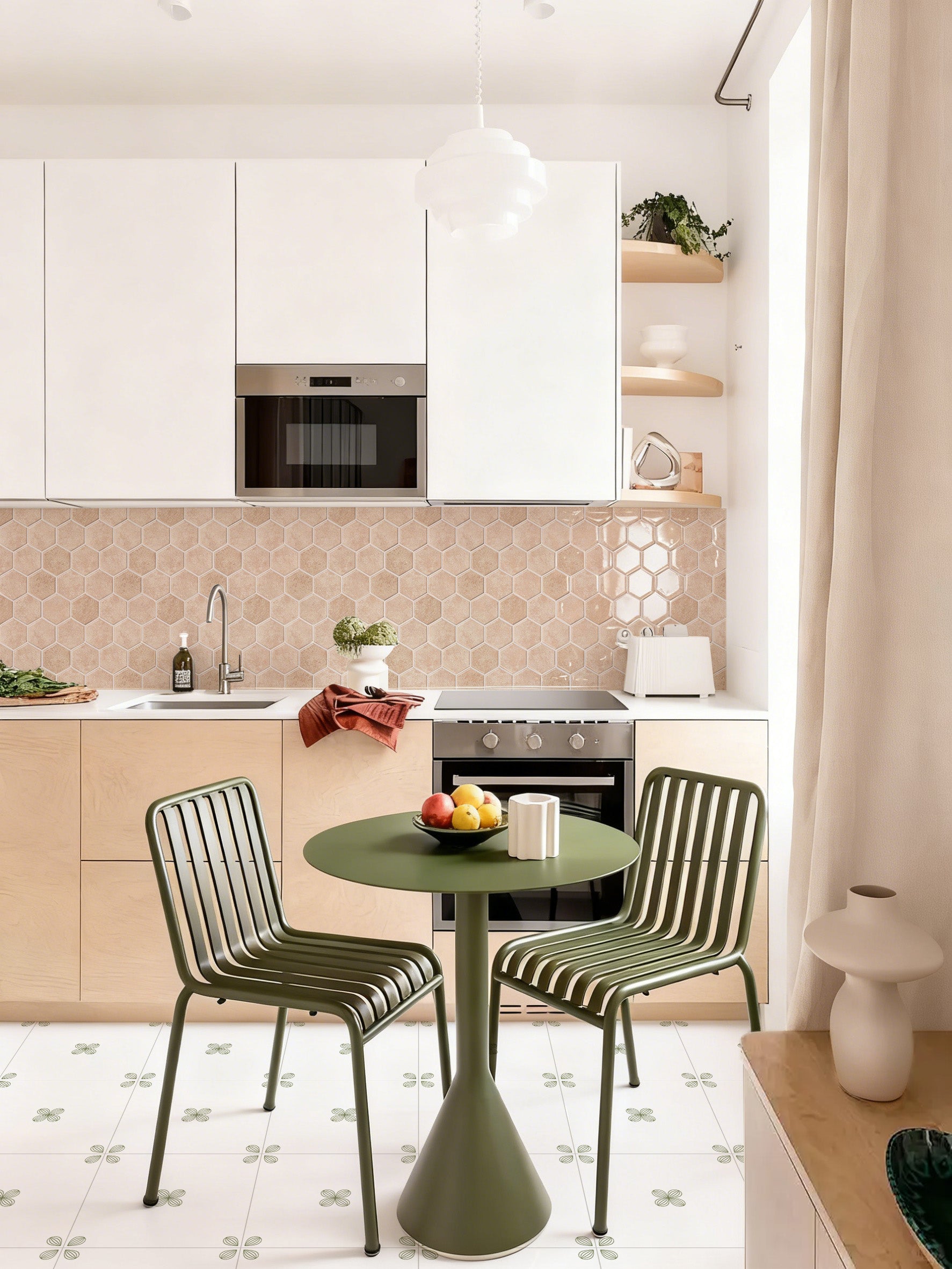Apricot hexagon wall tiles in a light wood kitchen with a green dining table - MT2238