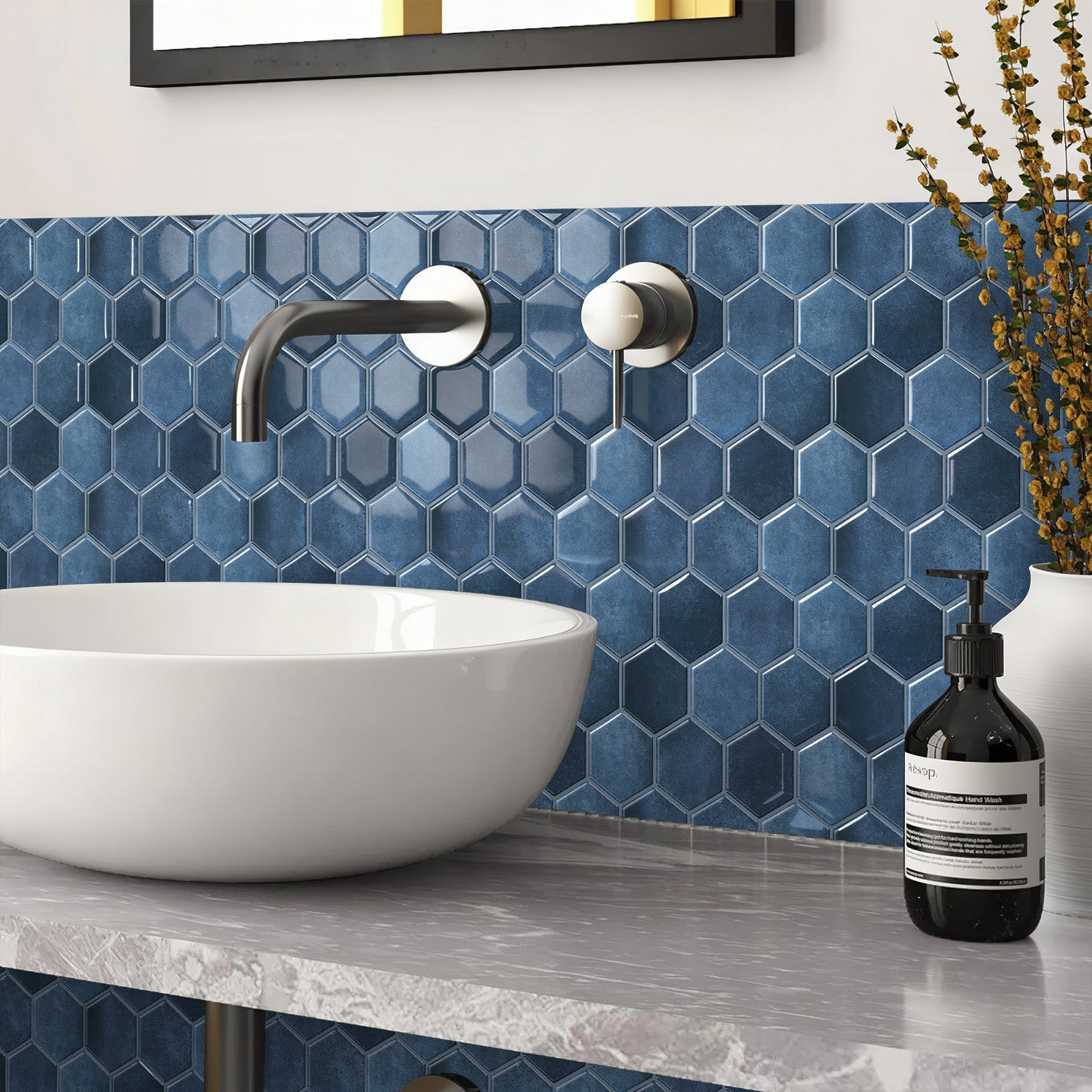 Deep blue hexagon wall tiles behind a white vessel sink - MT2245