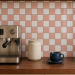 MORCART MT2419 grapefruit pink and white checkerboard backsplash with an espresso machine, cream canister and blue cup, front detail view.
