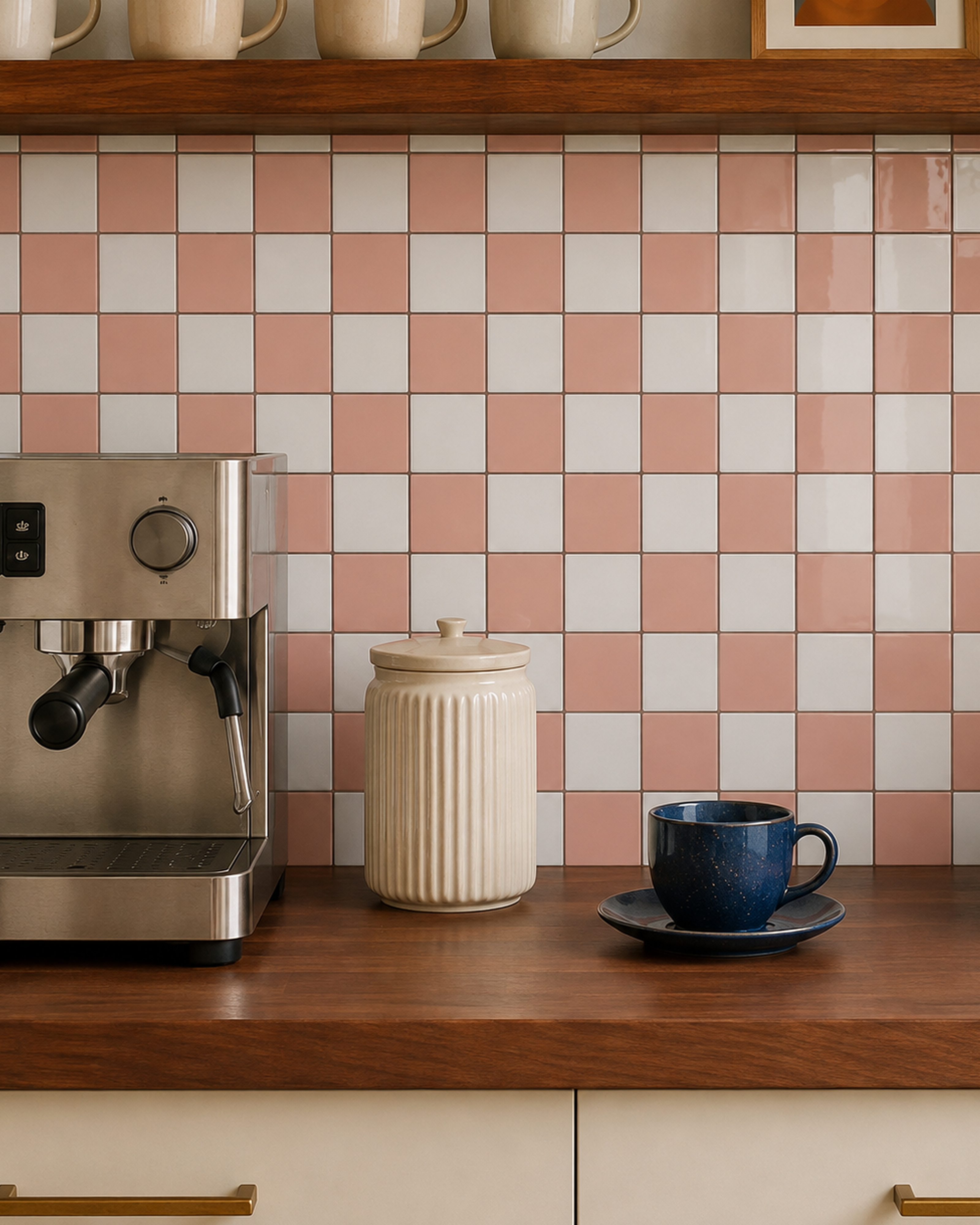 MORCART MT2419 grapefruit pink and white checkerboard backsplash with an espresso machine, cream canister and blue cup, front detail view.