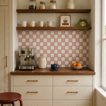 MORCART MT2419 grapefruit pink and white checkerboard backsplash above a walnut coffee counter and cream drawers, front wide view.