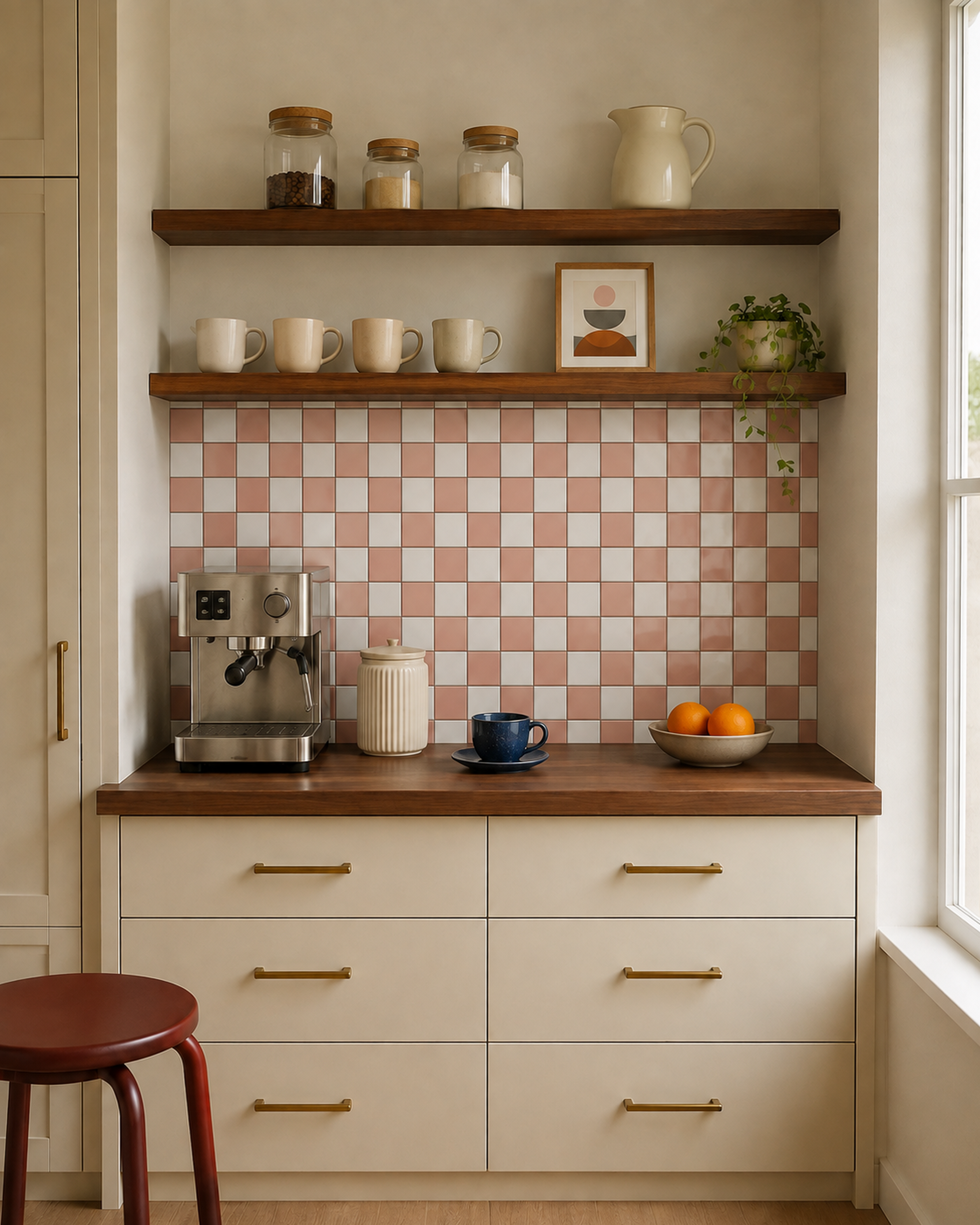 MORCART MT2419 grapefruit pink and white checkerboard backsplash above a walnut coffee counter and cream drawers, front wide view.