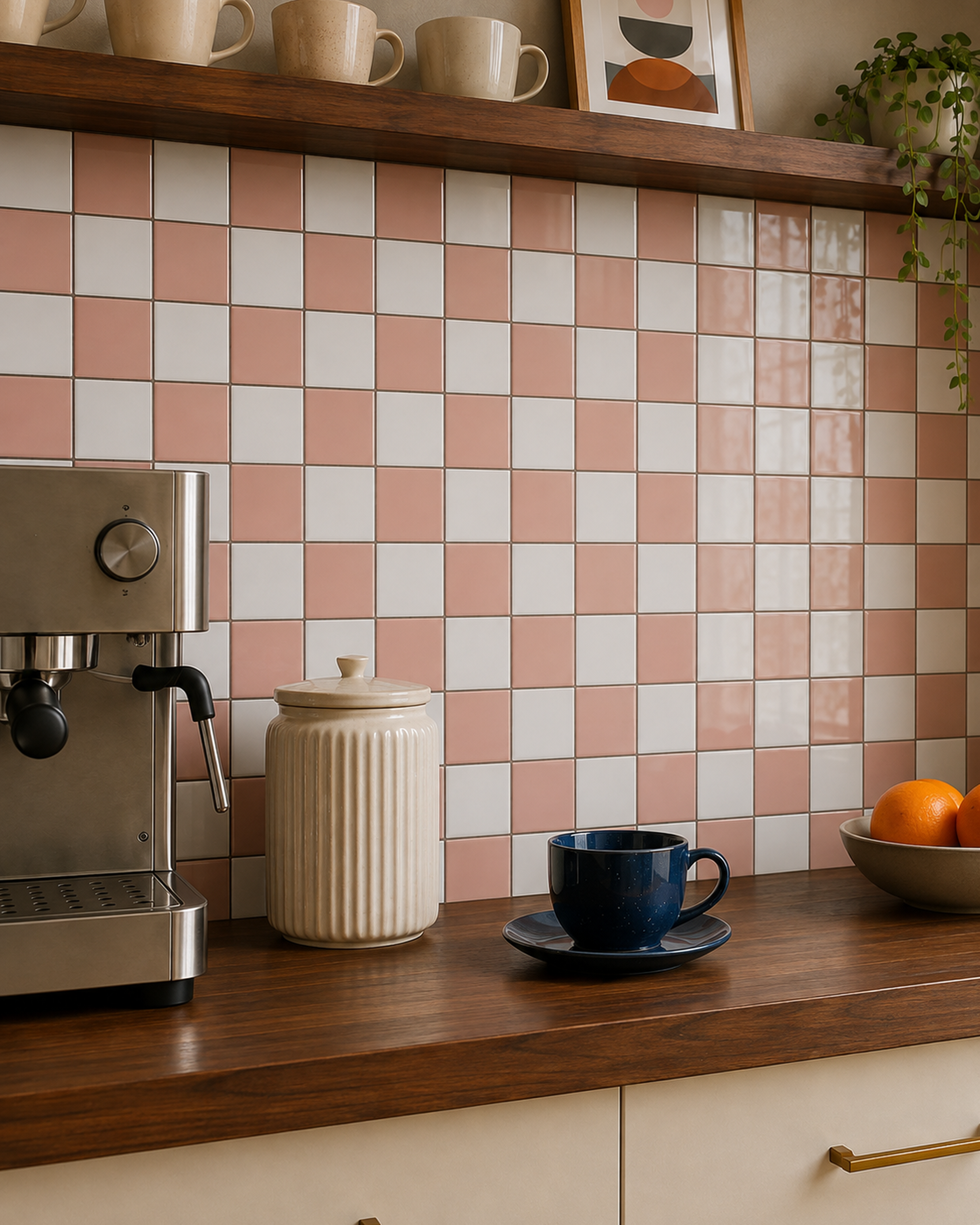 MORCART MT2419 grapefruit pink and white checkerboard backsplash, oblique detail with an espresso machine, cream canister and blue cup.