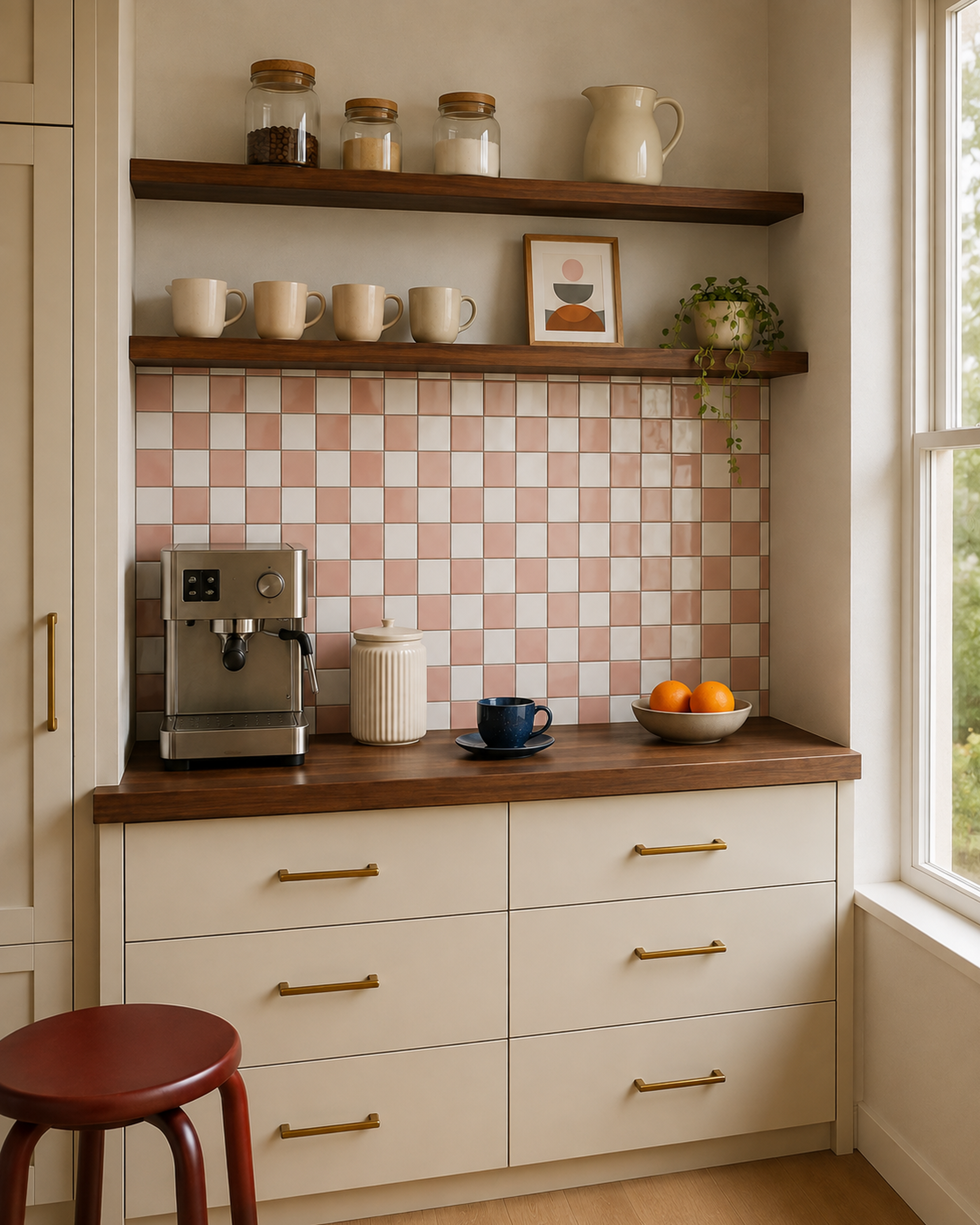 MORCART MT2419 grapefruit pink and white checkerboard backsplash in a coffee nook with cream cabinets and a walnut countertop, oblique wide view.