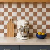 MORCART MT2420 mocha brown and white checkerboard backsplash with a cream stand mixer and lemon bowl, front detail view.