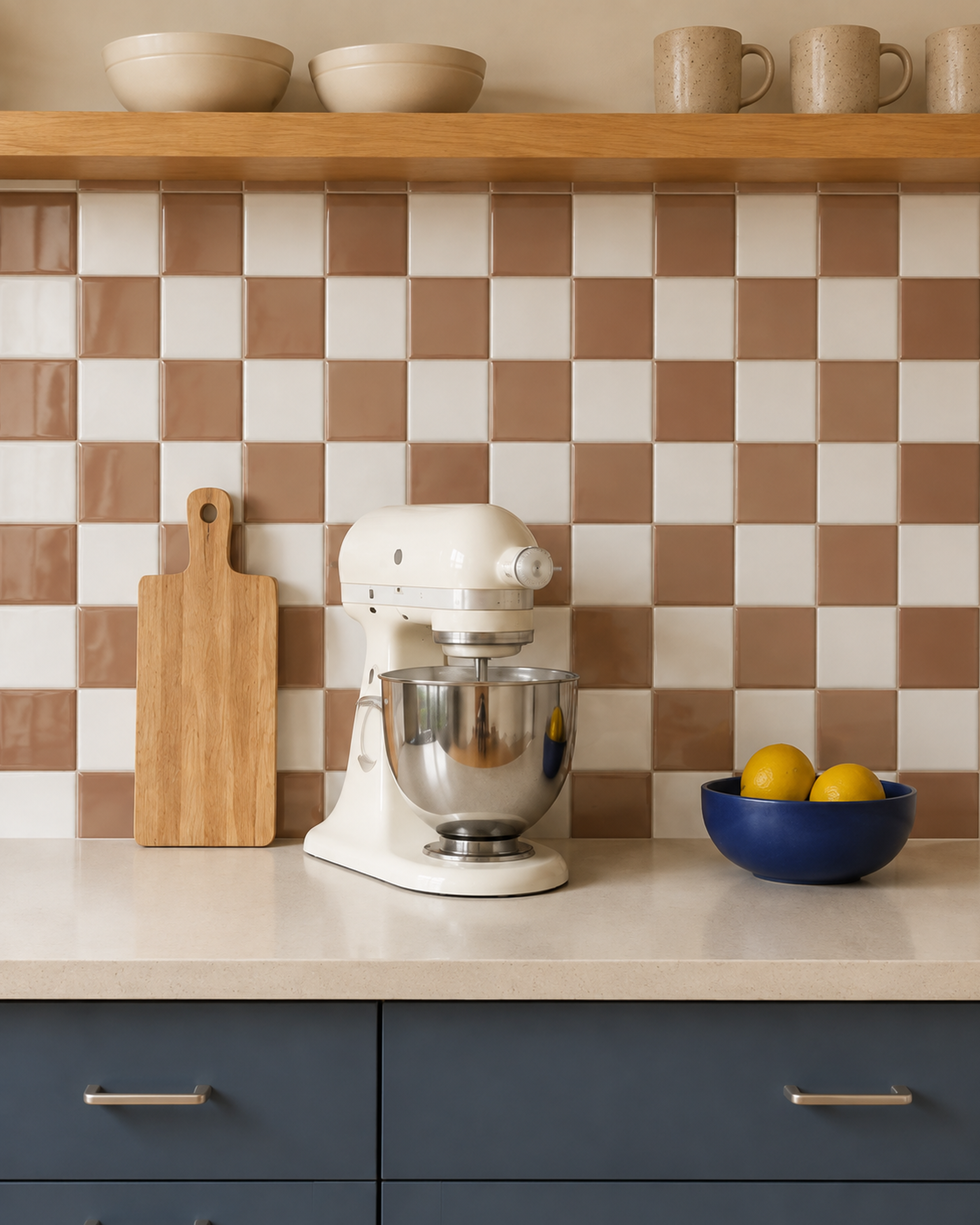 MORCART MT2420 mocha brown and white checkerboard backsplash with a cream stand mixer and lemon bowl, front detail view.