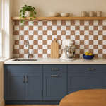 MORCART MT2420 mocha brown and white checkerboard backsplash above smoky blue kitchen cabinets, front wide view.