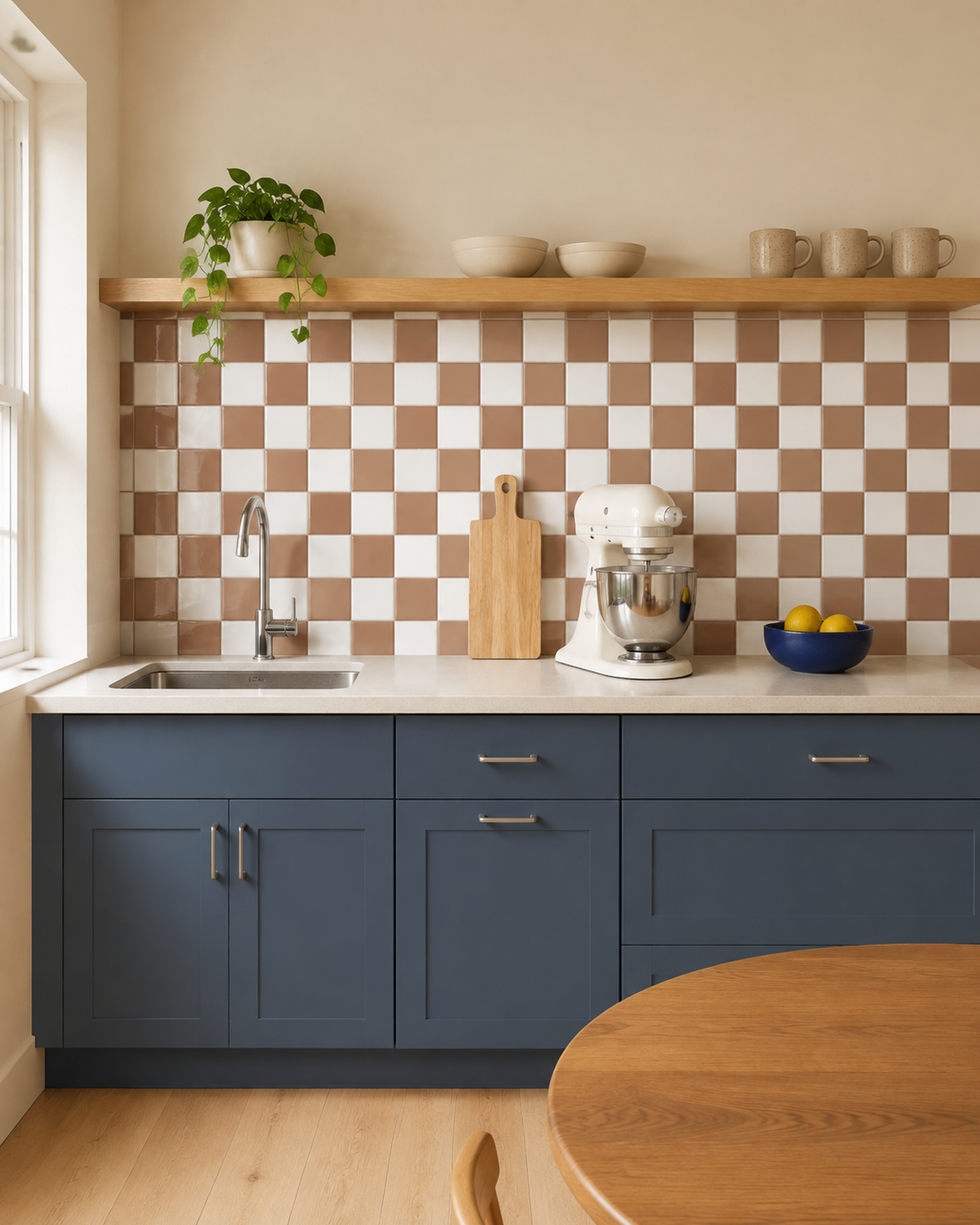 MORCART MT2420 mocha brown and white checkerboard backsplash above smoky blue kitchen cabinets, front wide view.