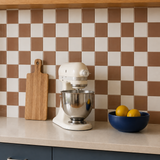 MORCART MT2420 mocha brown and white checkerboard backsplash, oblique detail with a cream stand mixer and wooden cutting board.