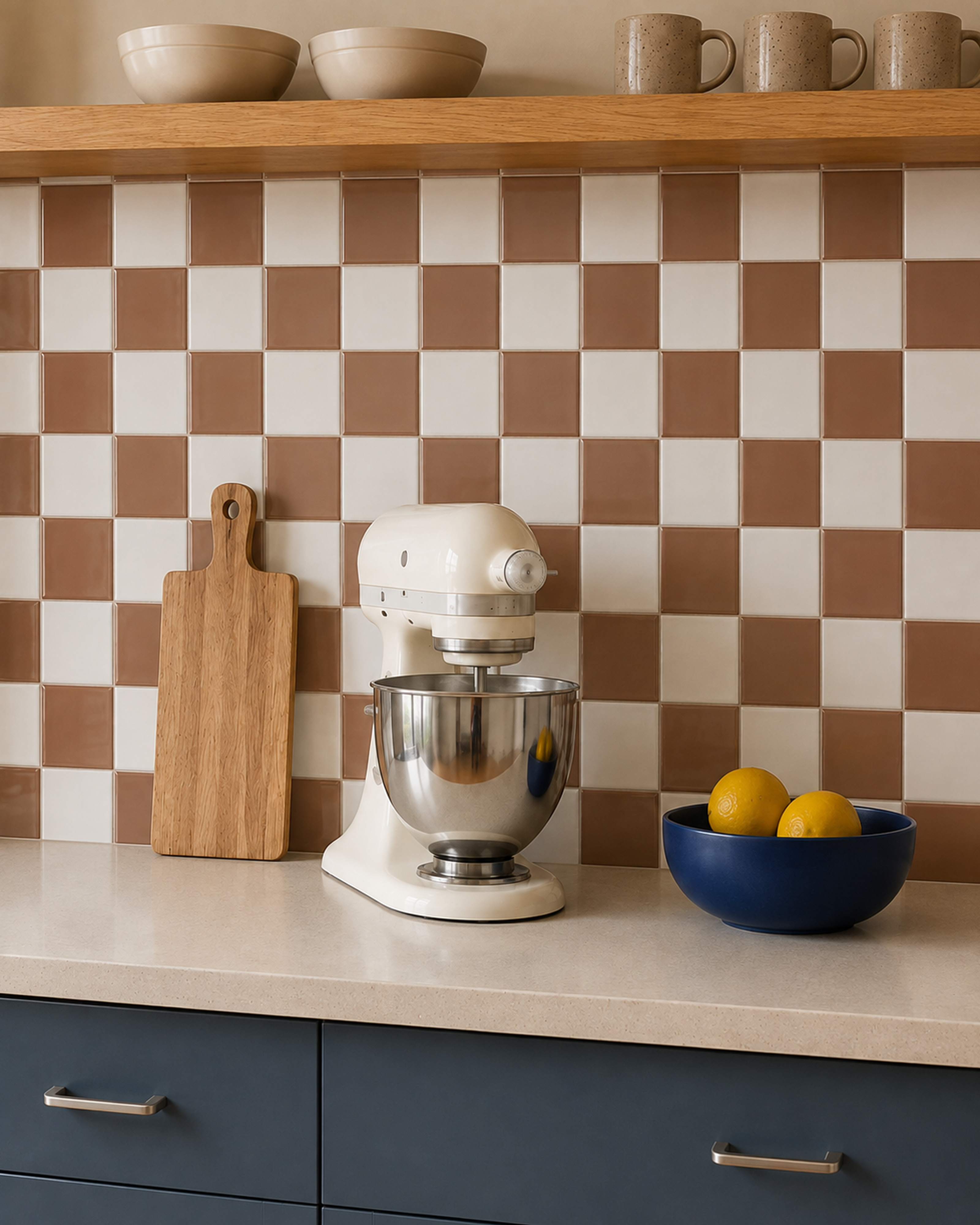 MORCART MT2420 mocha brown and white checkerboard backsplash, oblique detail with a cream stand mixer and wooden cutting board.