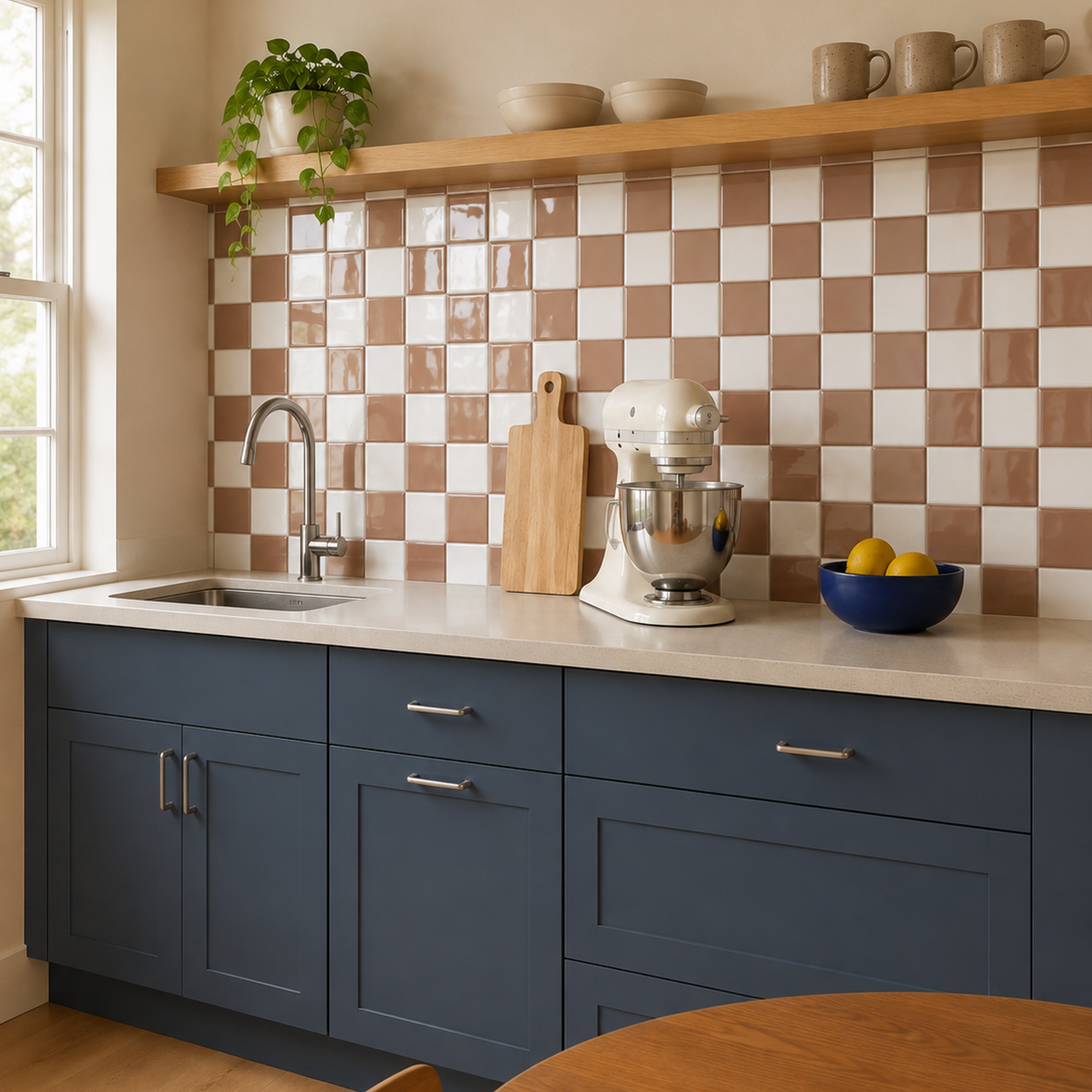MORCART MT2420 mocha brown and white checkerboard backsplash in a kitchen with smoky blue cabinets, oblique wide view.